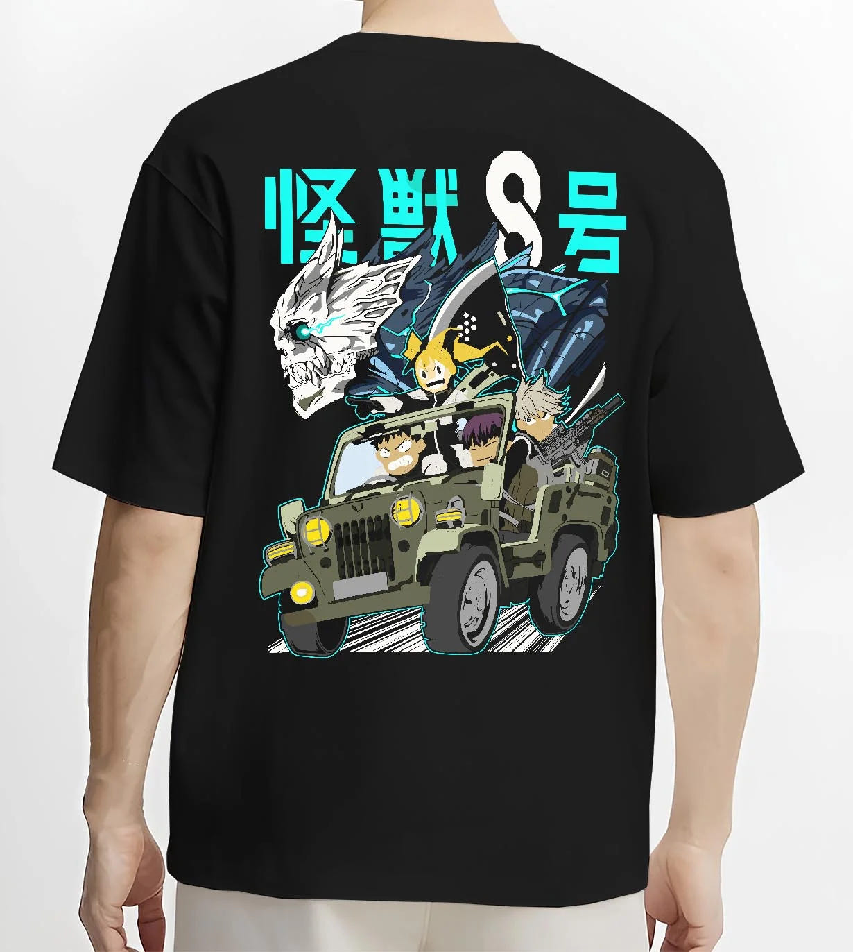 Black T-shirt worn by male model, back view with Kaiju No. 8 Hoodie Kafka Hibino Monster Form Jumper graphic streetwear graphic.