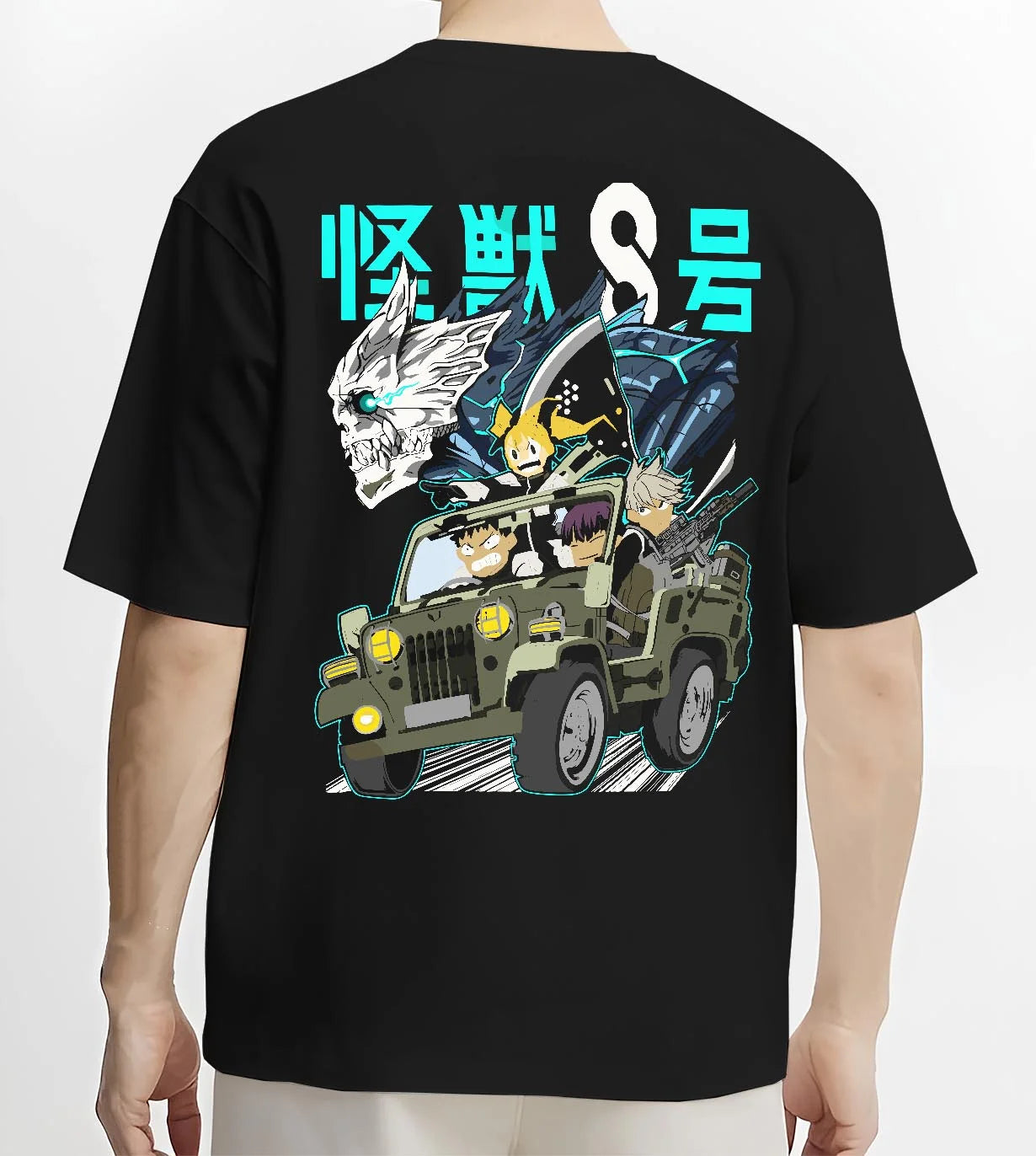 Black T-shirt worn by male model, back view with Kaiju No. 8 Hoodie Kafka Hibino Monster Form Jumper graphic streetwear graphic.