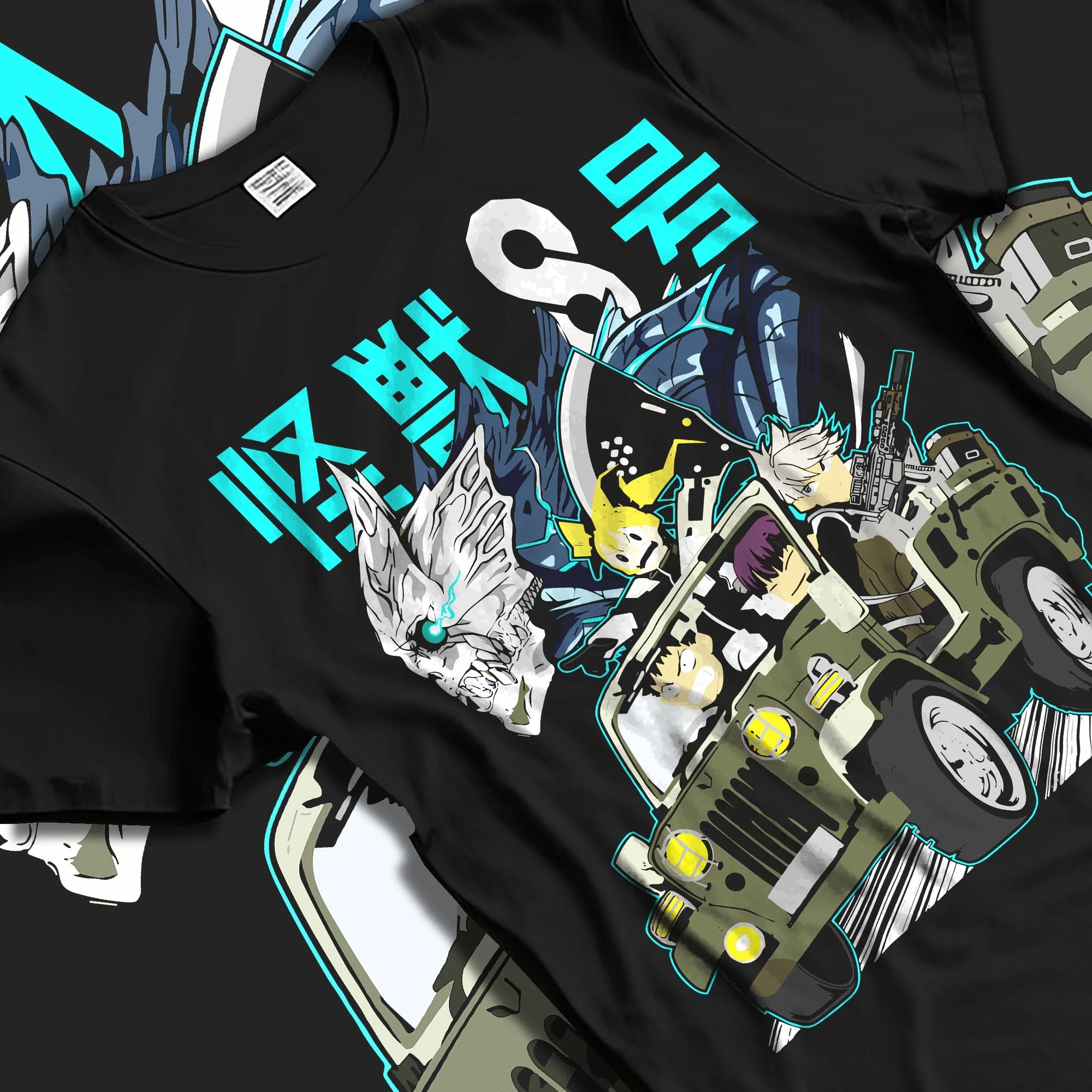 Black T-shirt laid flat with natural folds with Kaiju No. 8 Hoodie Kafka Hibino Monster Form Jumper graphic streetwear graphic.