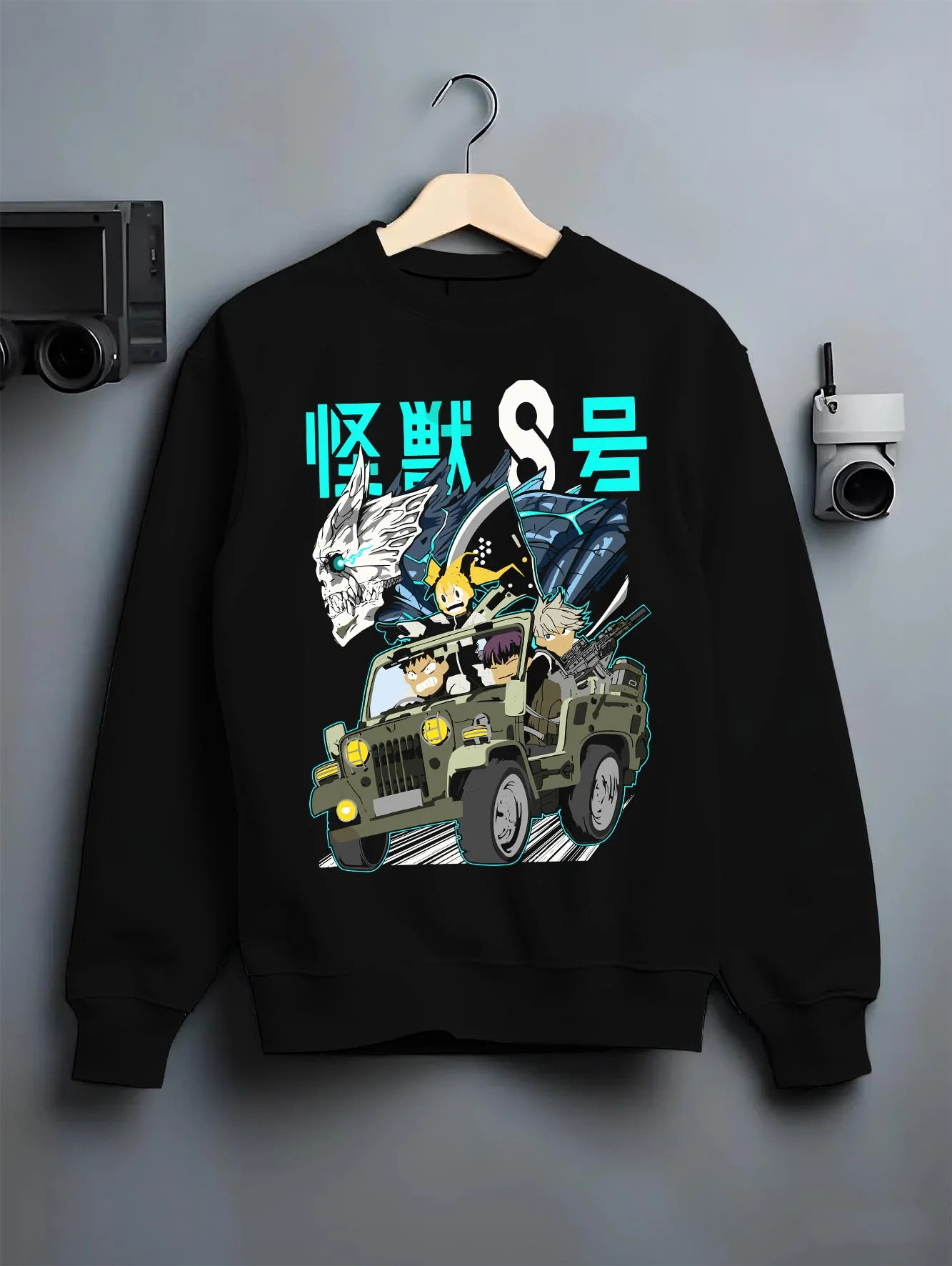 Black crewneck sweatshirt on hanger with Kaiju No. 8 Hoodie Kafka Hibino Monster Form Jumper graphic premium wear.