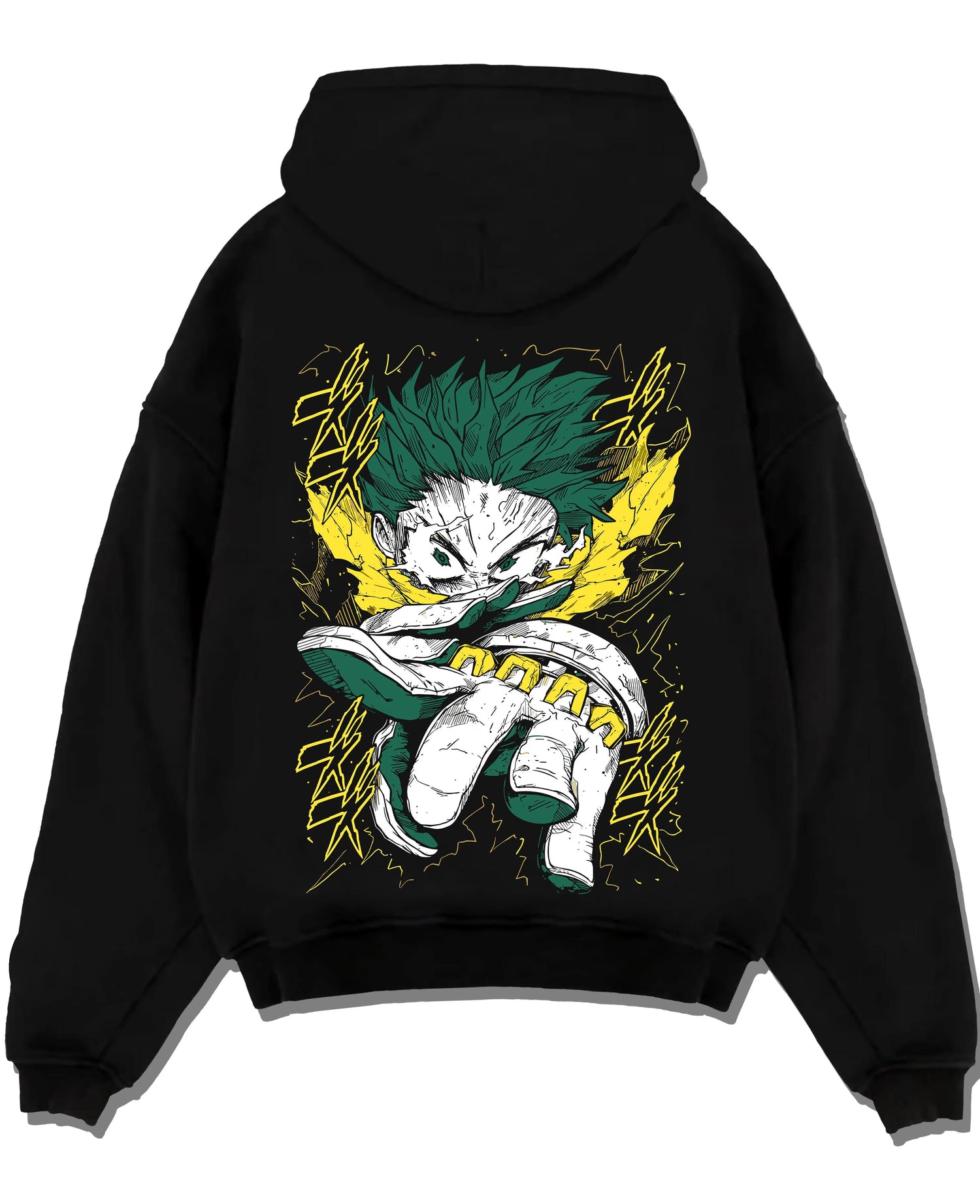 Black pullover hoodie laid flat with My Hero Academia Hoodie Izuku Midoriya Full Power graphic premium wear.
