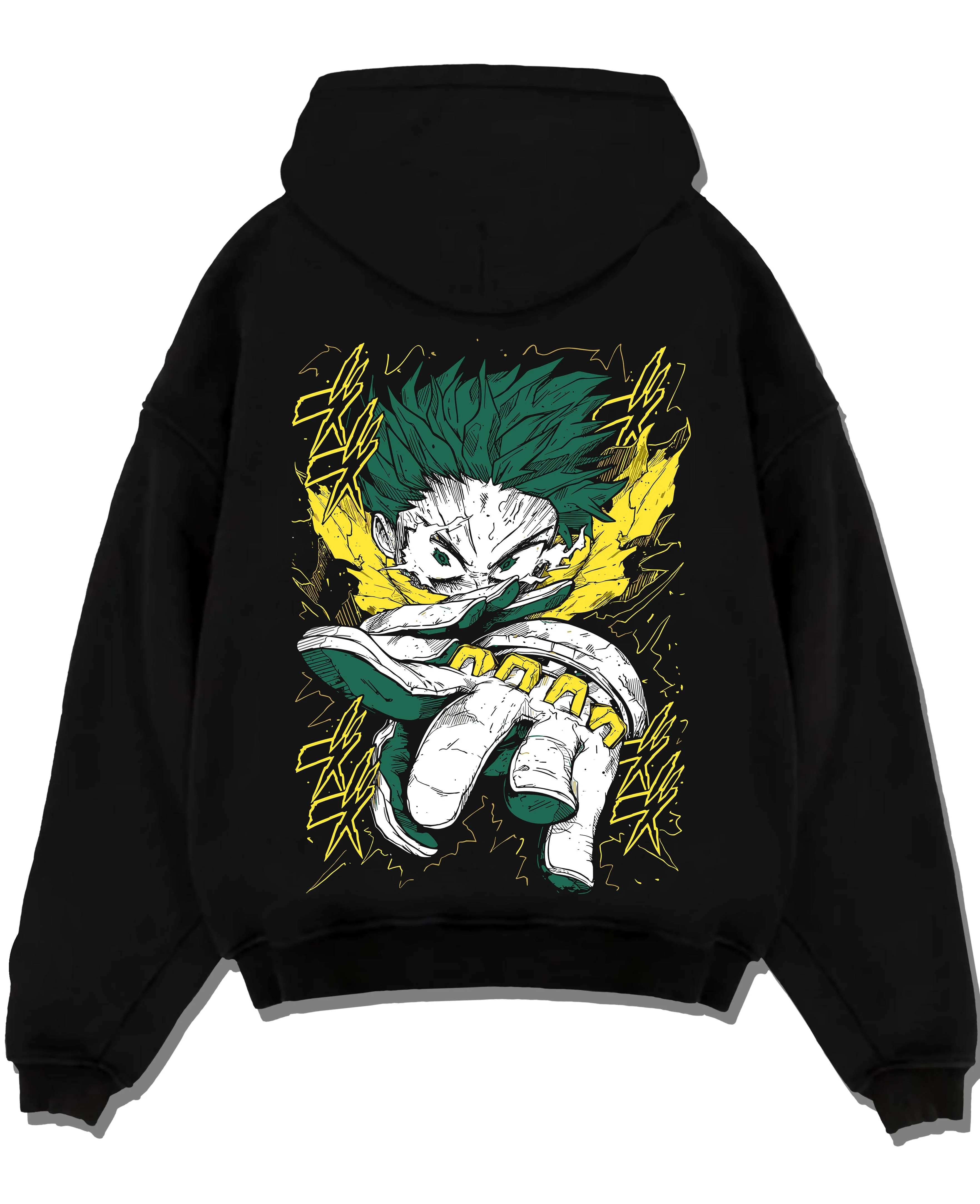 Black pullover hoodie laid flat with My Hero Academia Hoodie Izuku Midoriya Full Power graphic premium wear.