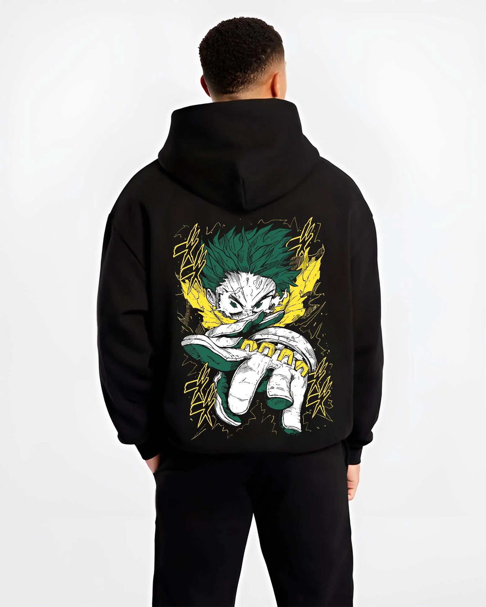 Black hoodie worn by male model, back view with My Hero Academia Hoodie Izuku Midoriya Full Power graphic streetwear graphic.