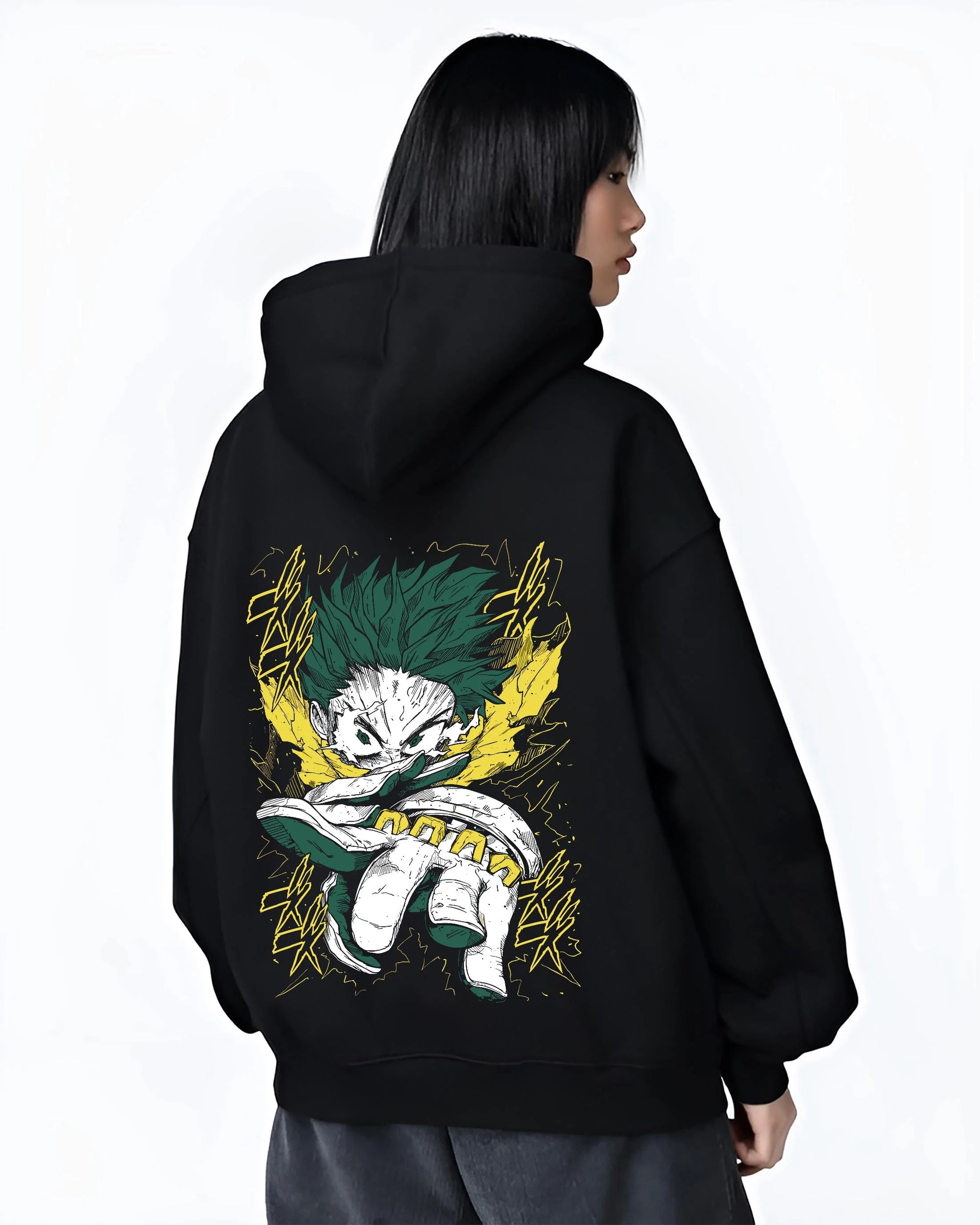 Black hoodie worn by female model, back view with My Hero Academia Hoodie Izuku Midoriya Full Power graphic streetwear graphic.