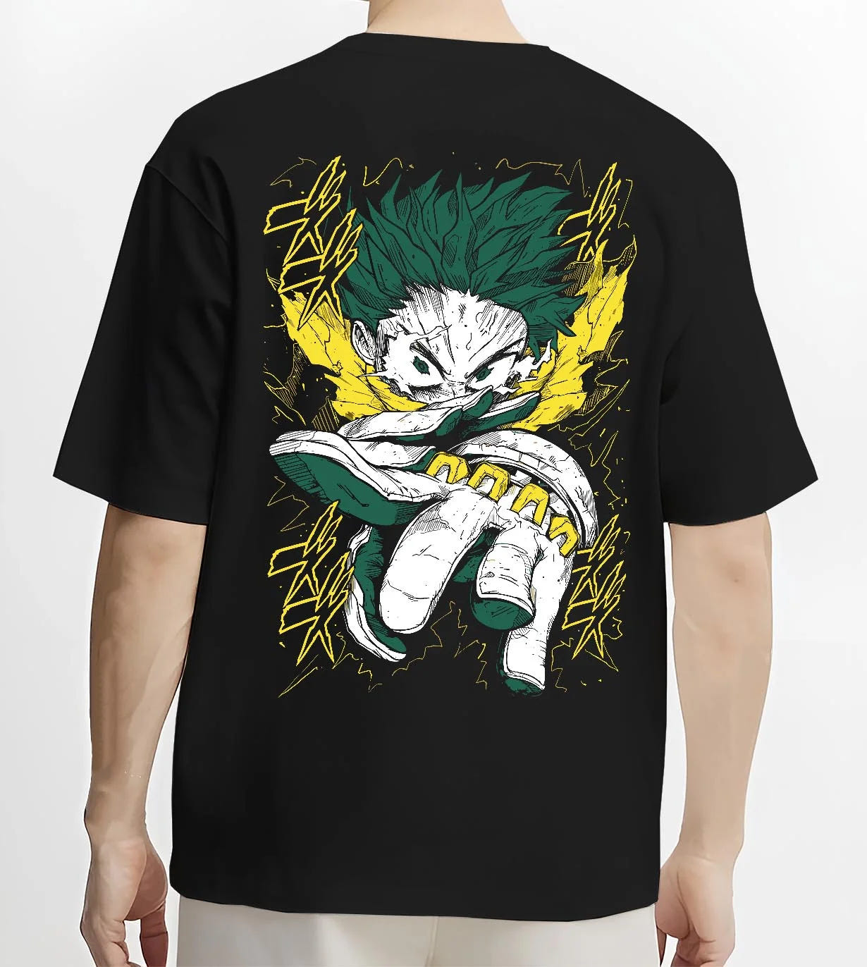 Black T-shirt worn by male model, back view with My Hero Academia Hoodie Izuku Midoriya Full Power graphic bold anime graphic.