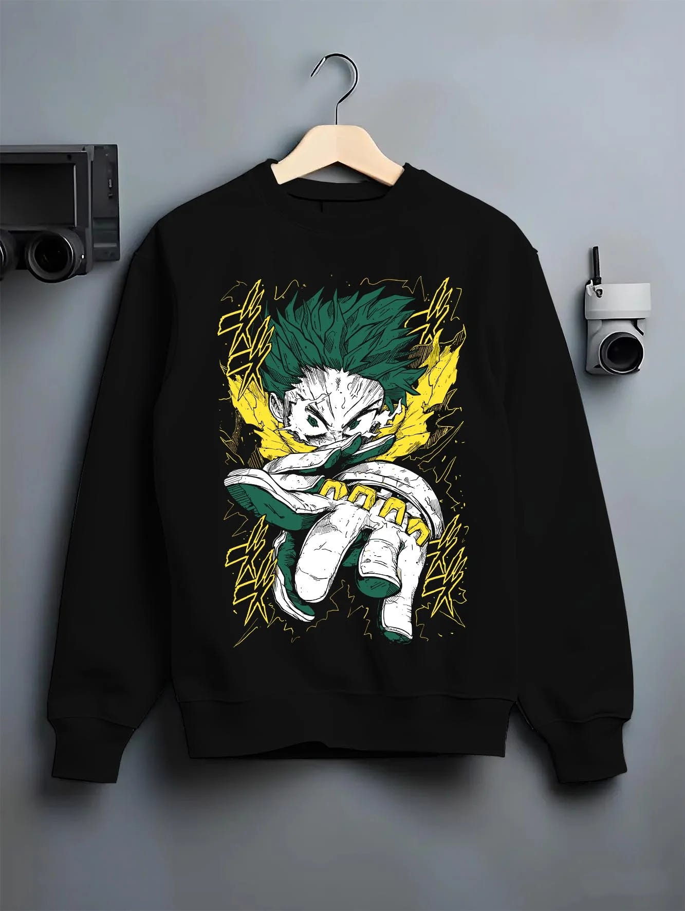 Black crewneck sweatshirt on hanger with My Hero Academia Hoodie Izuku Midoriya Full Power graphic bold anime graphic.