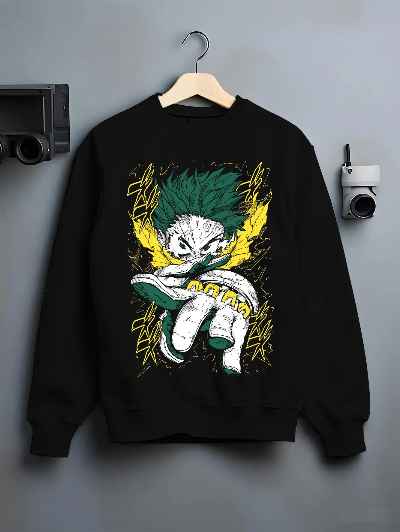 Black crewneck sweatshirt on hanger with My Hero Academia Hoodie Izuku Midoriya Full Power graphic bold anime graphic.