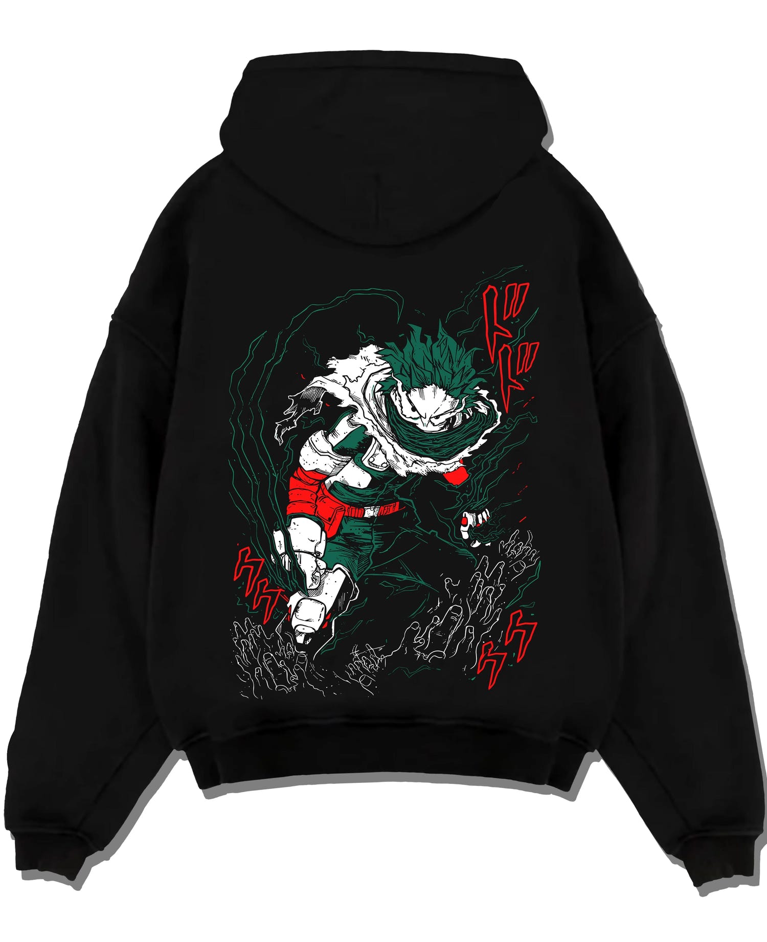 Black pullover hoodie laid flat with My Hero Academia Hoodie Izuku Midoriya Plus Ultra graphic premium wear.