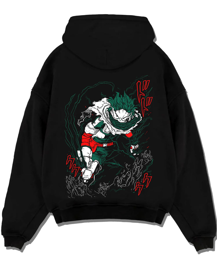 Black pullover hoodie laid flat with My Hero Academia Hoodie Izuku Midoriya Plus Ultra graphic premium wear.