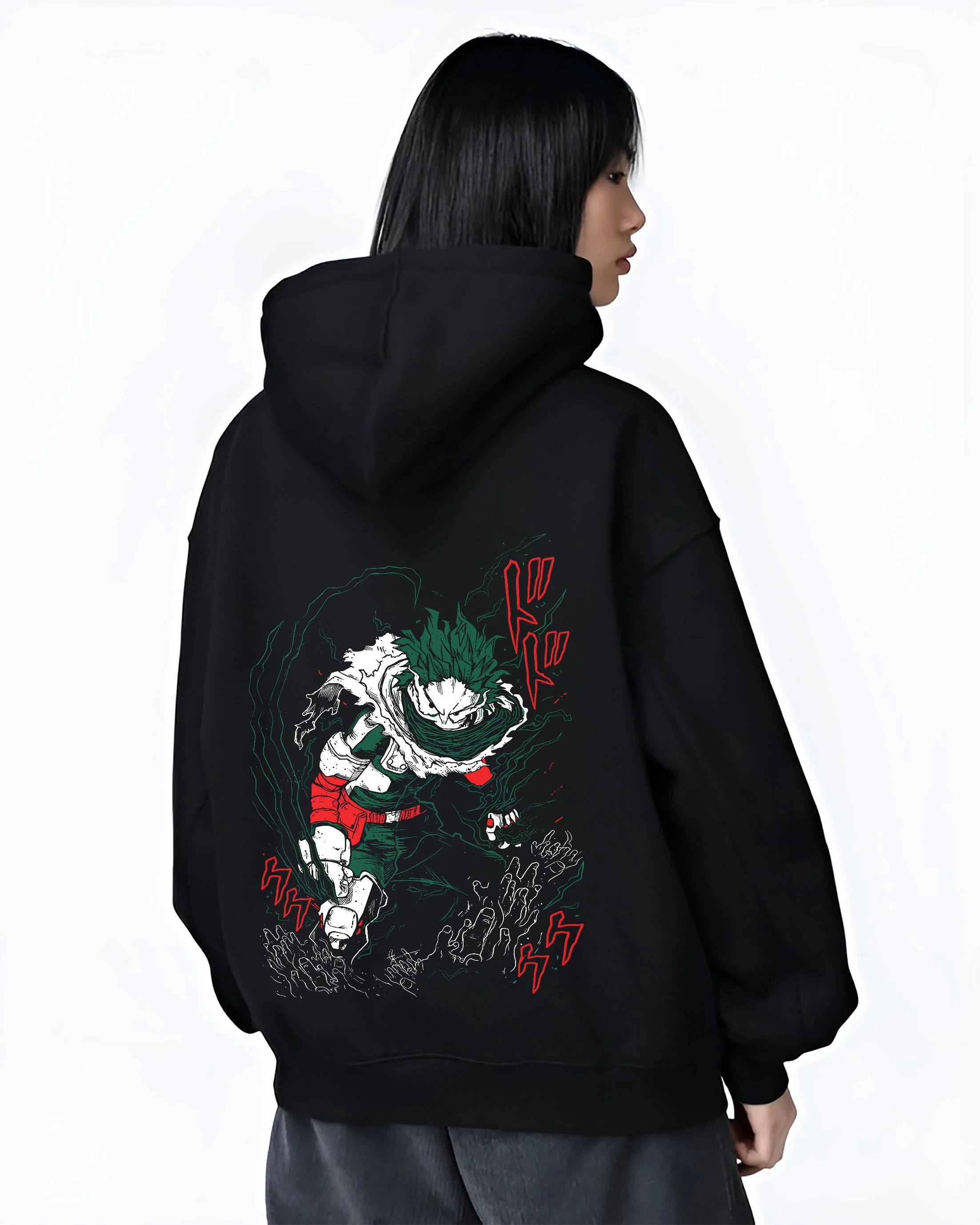 Black hoodie worn by female model, back view with My Hero Academia Hoodie Izuku Midoriya Plus Ultra graphic premium wear.