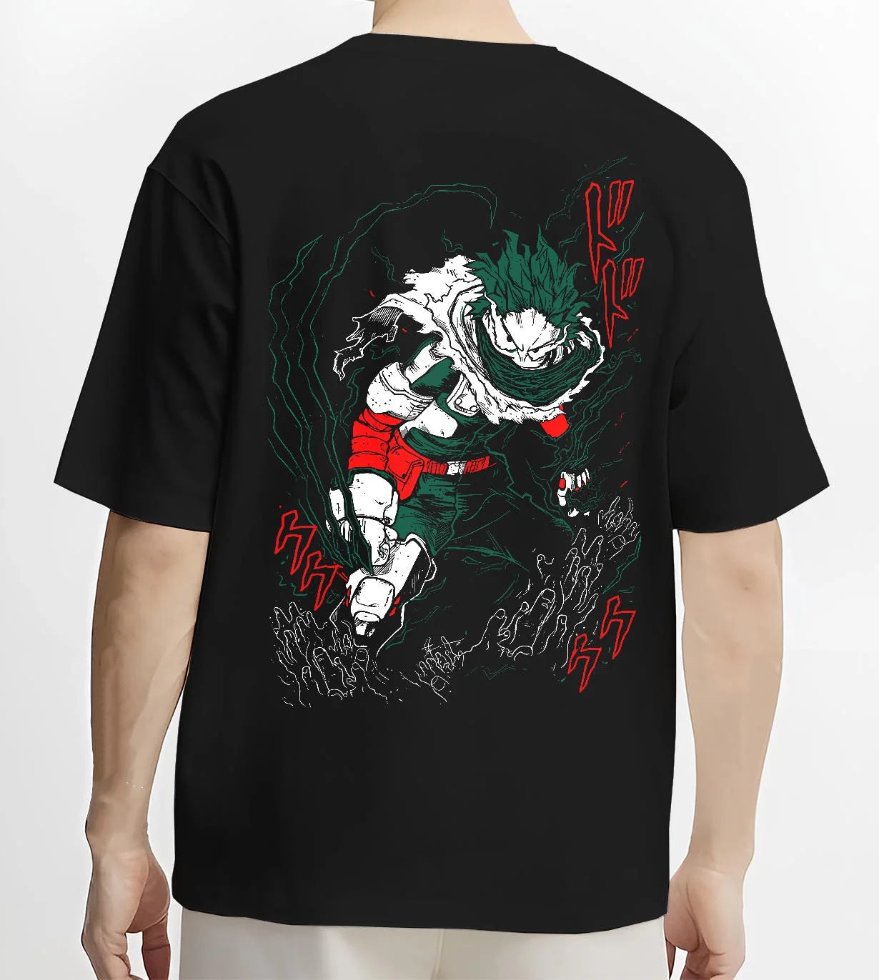 Black T-shirt worn by male model, back view with My Hero Academia Hoodie Izuku Midoriya Plus Ultra graphic premium wear.