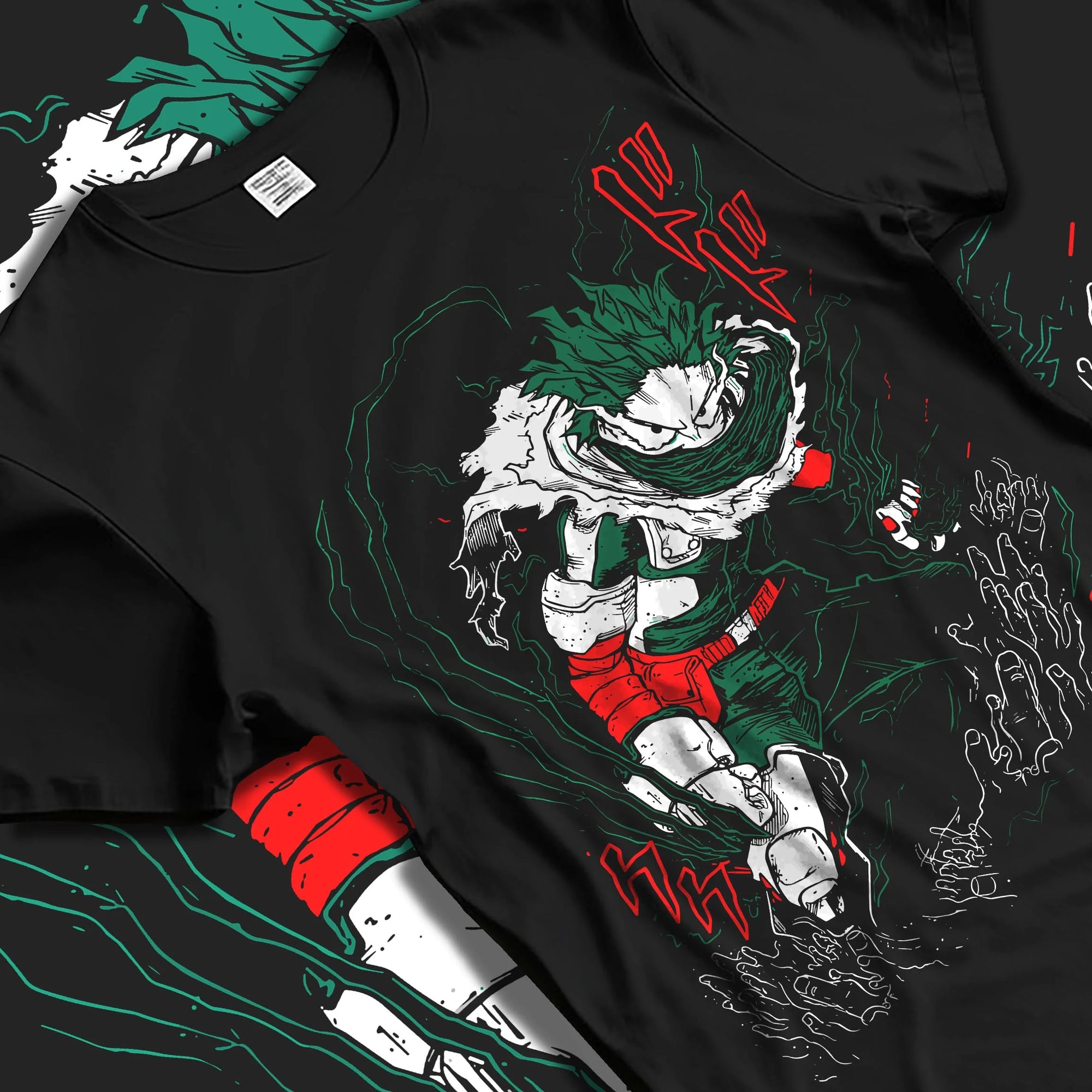 Black T-shirt laid flat with natural folds with My Hero Academia Hoodie Izuku Midoriya Plus Ultra graphic premium wear.
