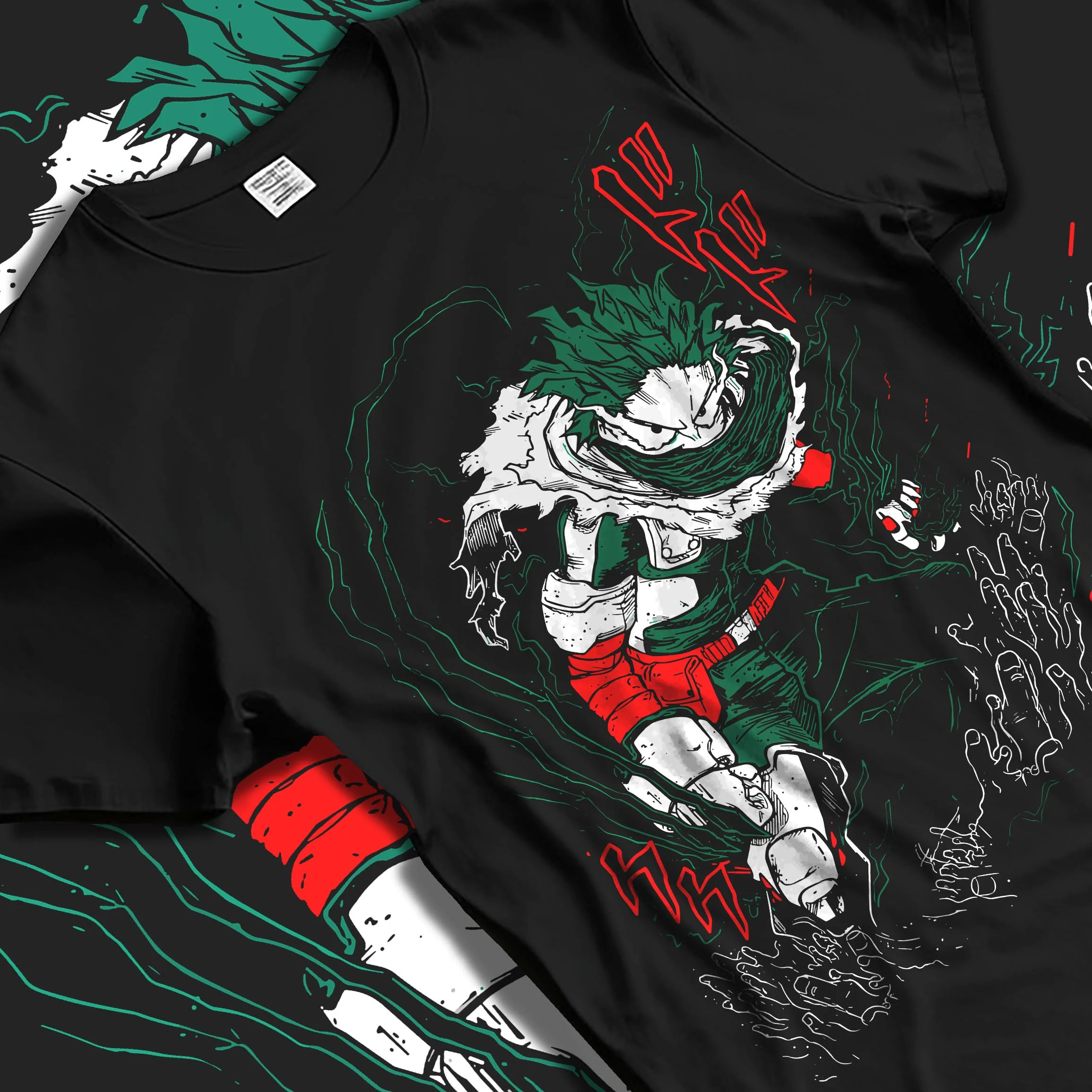 Black T-shirt laid flat with natural folds with My Hero Academia Hoodie Izuku Midoriya Plus Ultra graphic premium wear.
