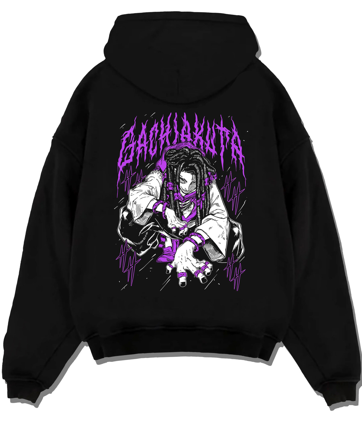 Black hoodie flat back view showing Jabber Wonger from Gachiakuta: braided hair and purple pose