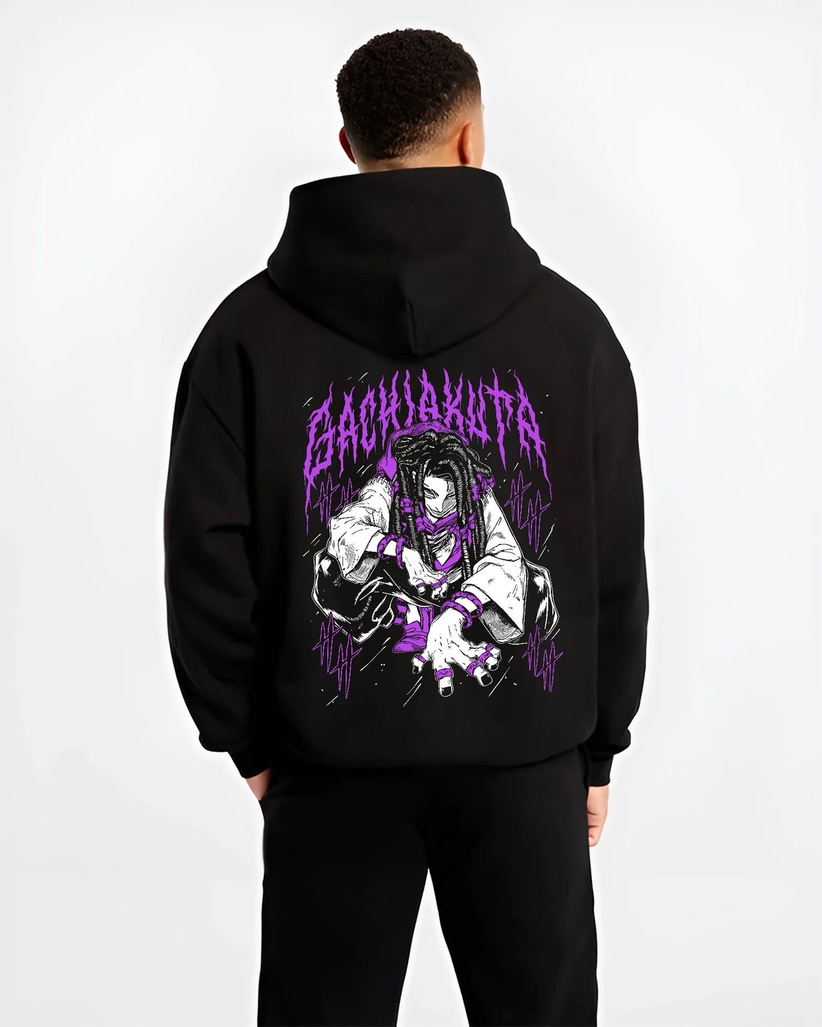 Black hoodie model back view showing Jabber Wonger from Gachiakuta: braided hair and purple pose