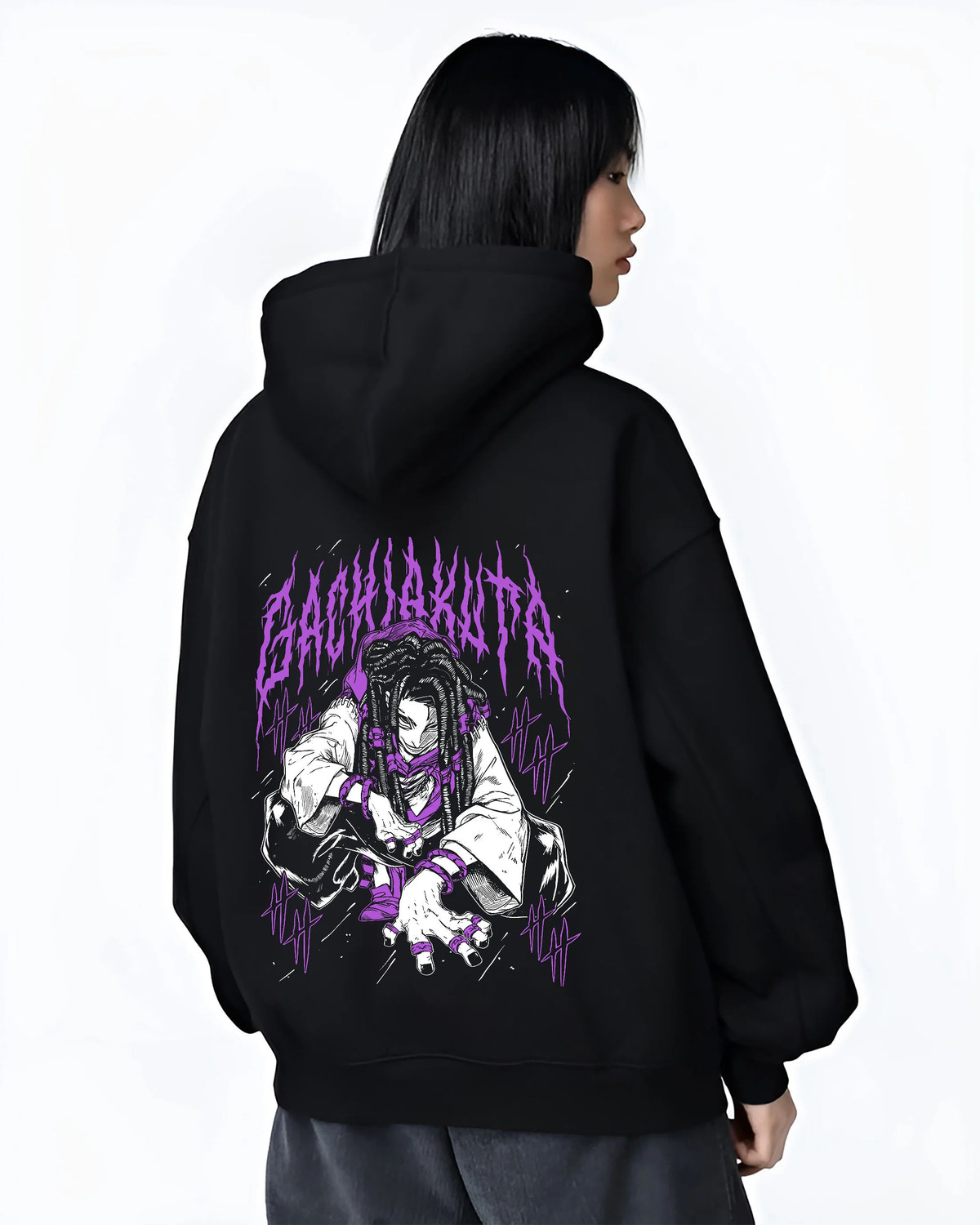 Black hoodie female model back view showing Jabber Wonger from Gachiakuta: braided hair and purple pose