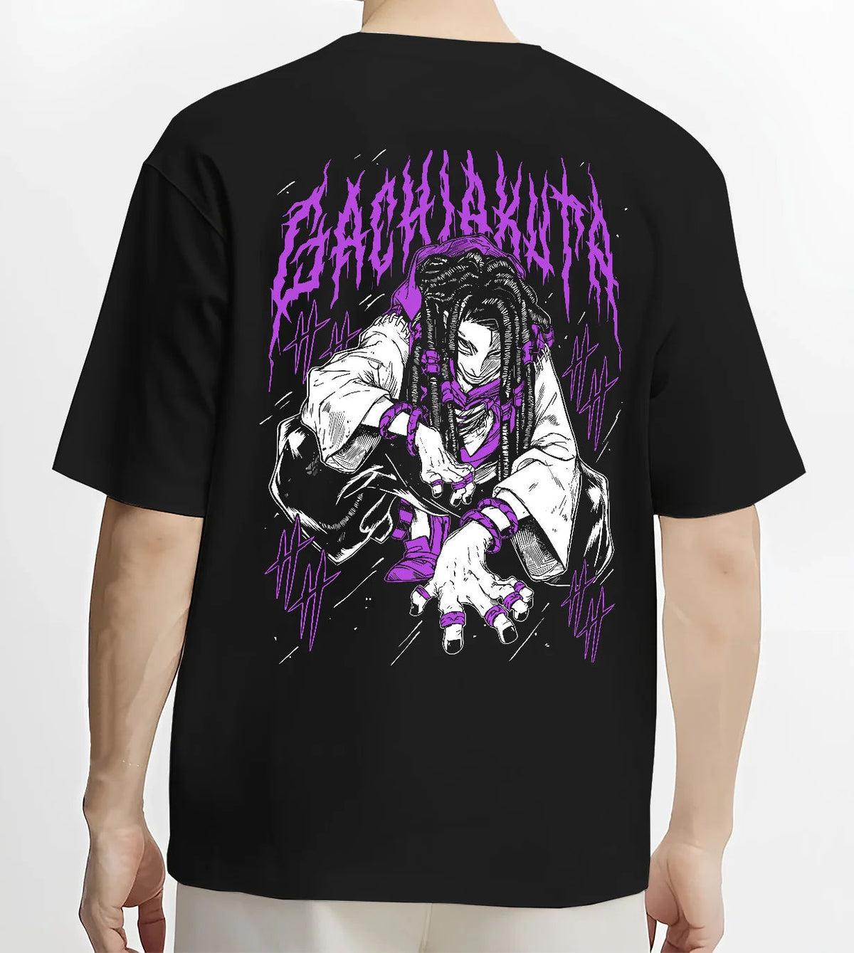 Black T-shirt model back view showing Jabber Wonger from Gachiakuta: braided hair and purple pose
