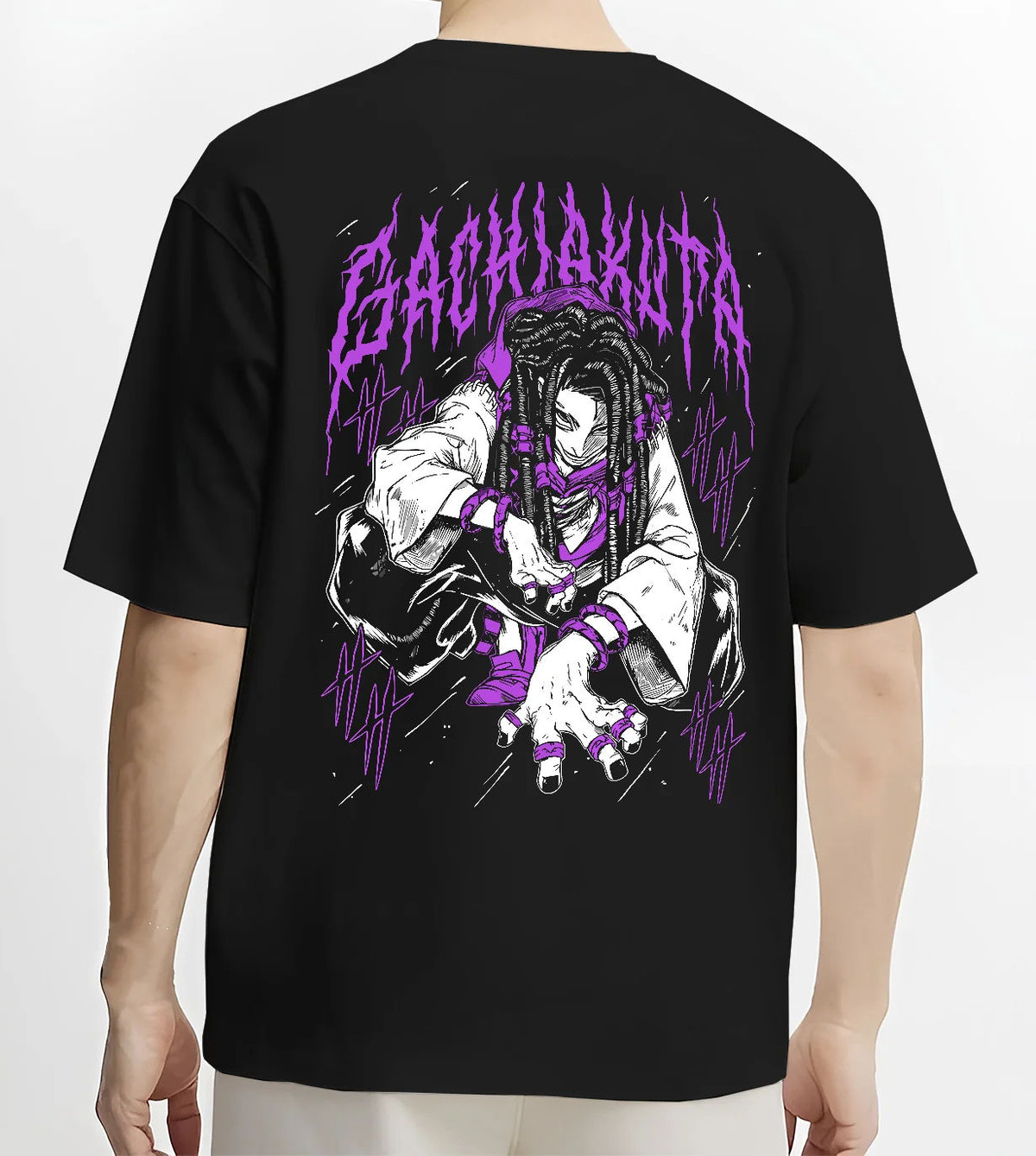 Black T-shirt model back view showing Jabber Wonger from Gachiakuta: braided hair and purple pose