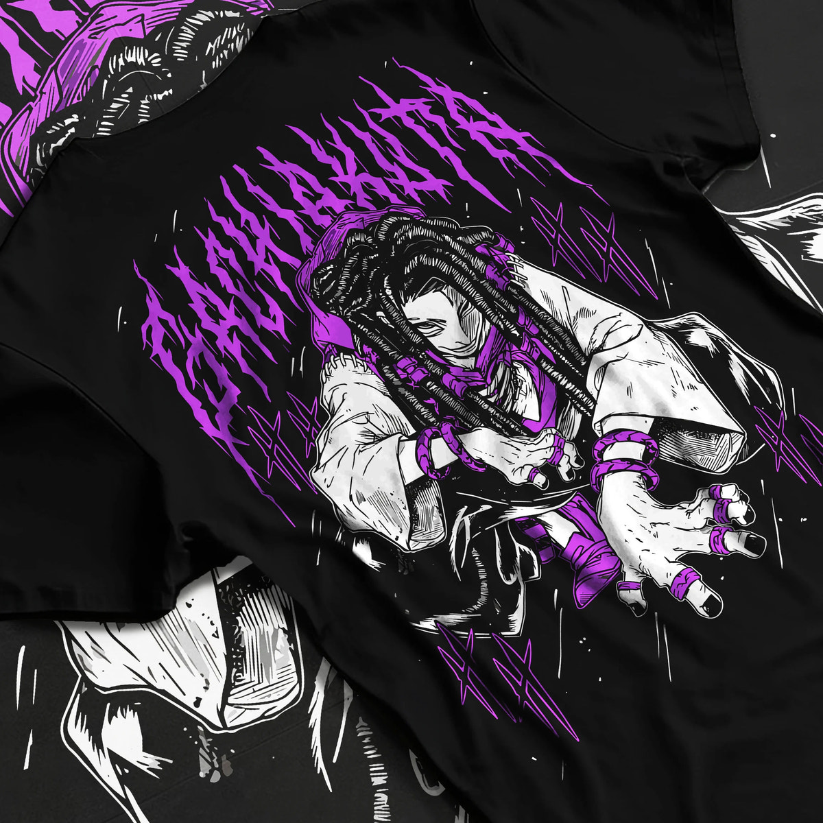 Black T-shirt flat back view showing Jabber Wonger from Gachiakuta: braided hair and purple pose