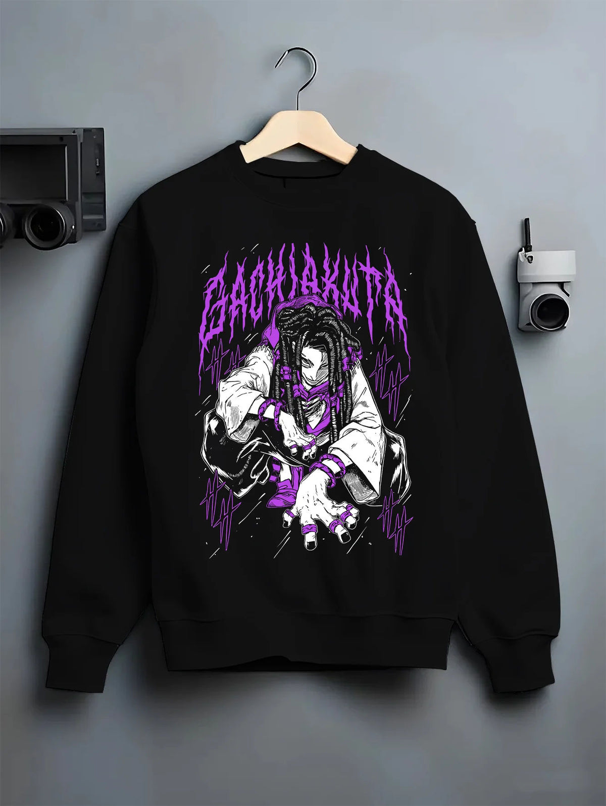 Black crewneck sweatshirt on hanger showing Jabber Wonger from Gachiakuta: braided hair and purple pose