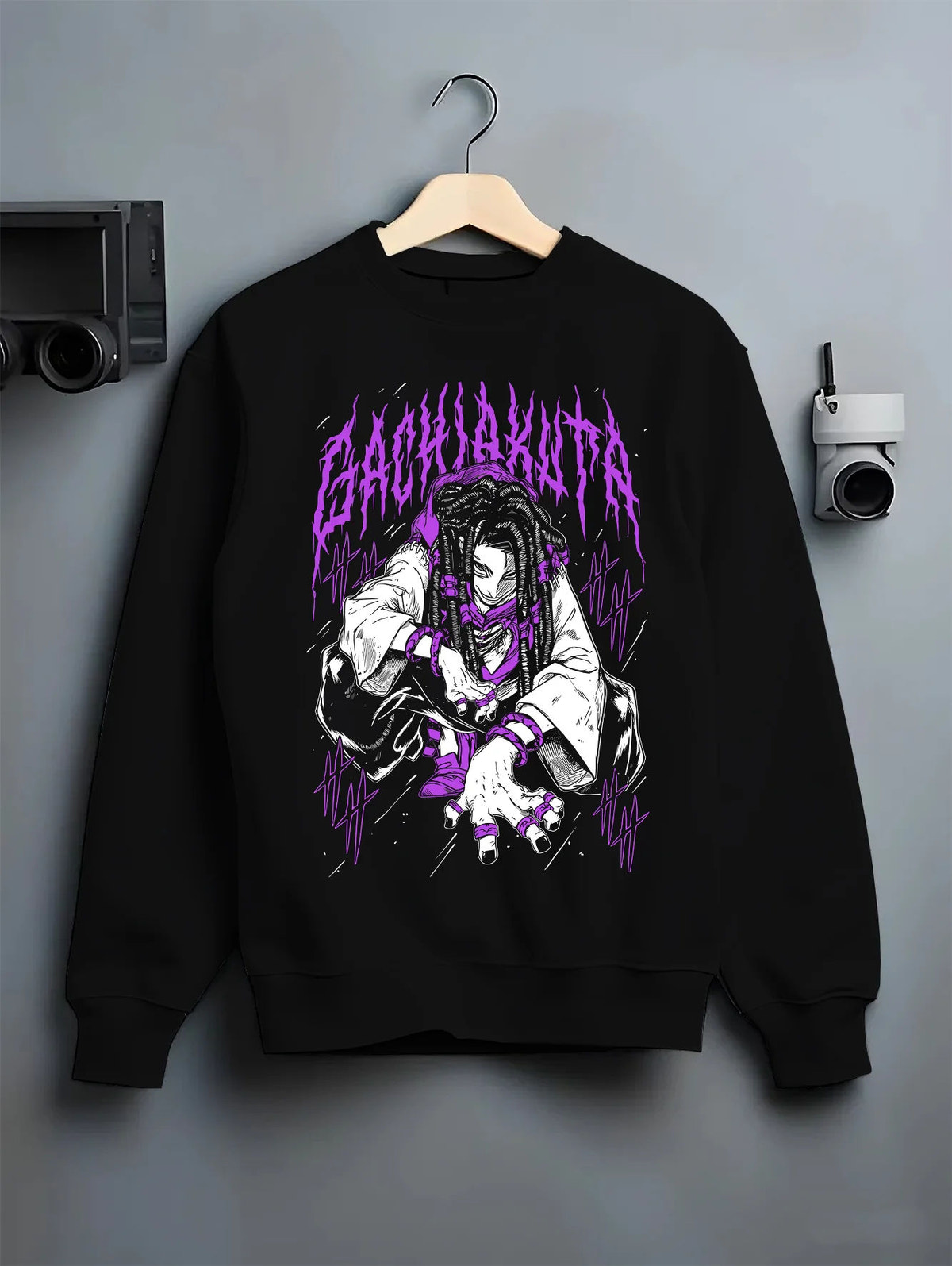 Black crewneck sweatshirt on hanger showing Jabber Wonger from Gachiakuta: braided hair and purple pose