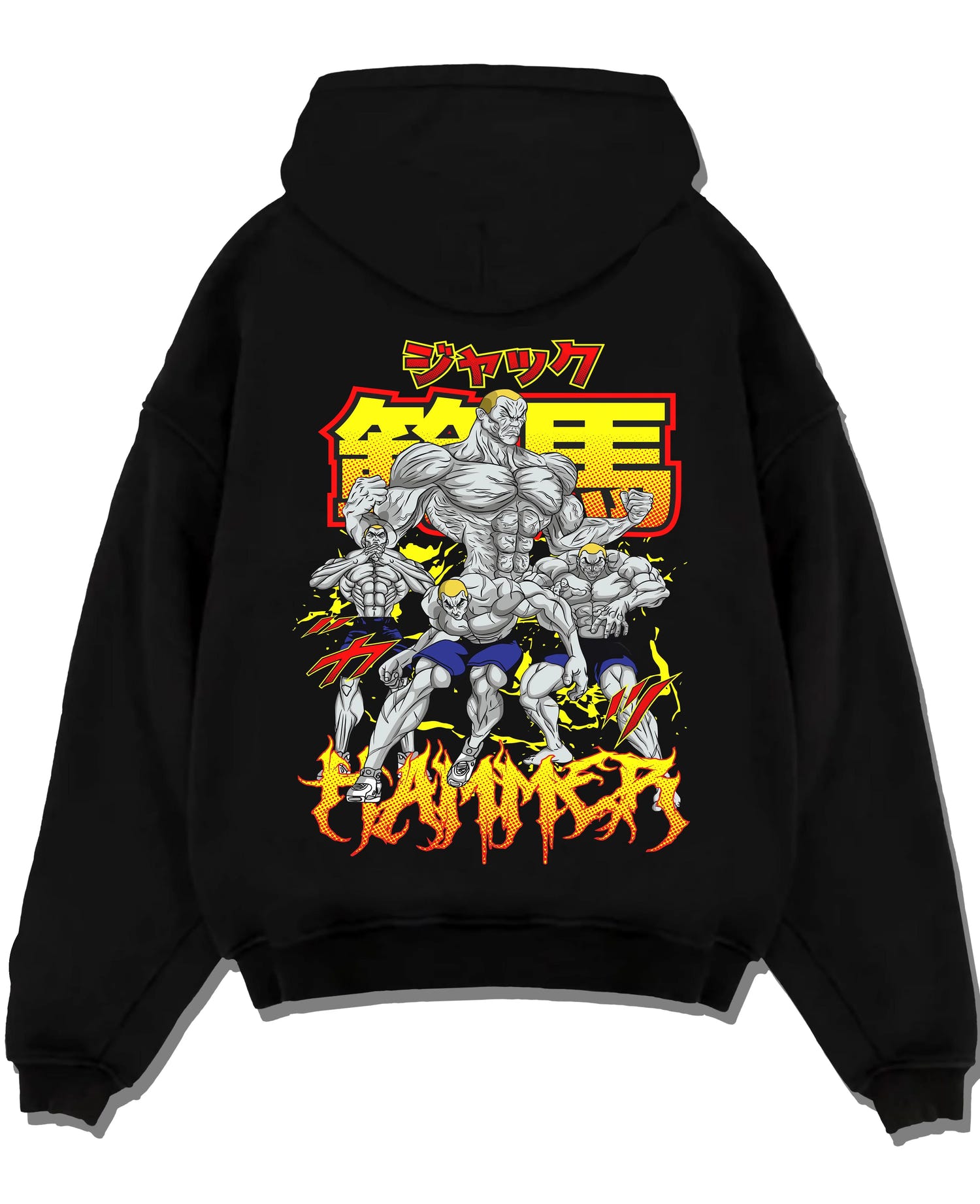 Black pullover hoodie laid flat with Baki Hoodie Hanma Baki Fierce Fighting Spirit Jumper graphic Baki anime graphic.