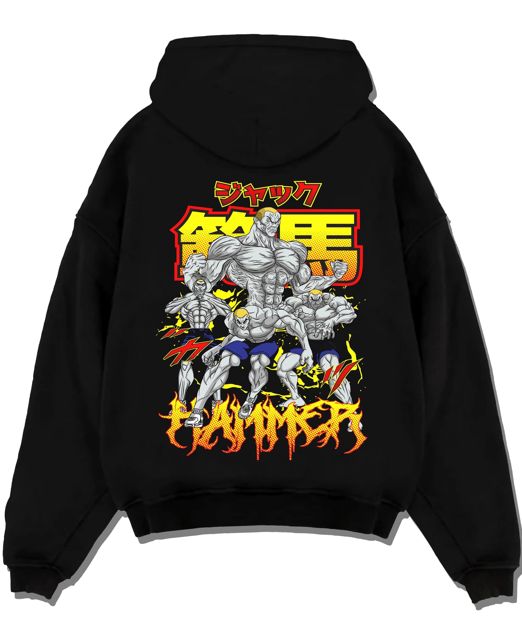 Black pullover hoodie laid flat with Baki Hoodie Hanma Baki Fierce Fighting Spirit Jumper graphic Baki anime graphic.