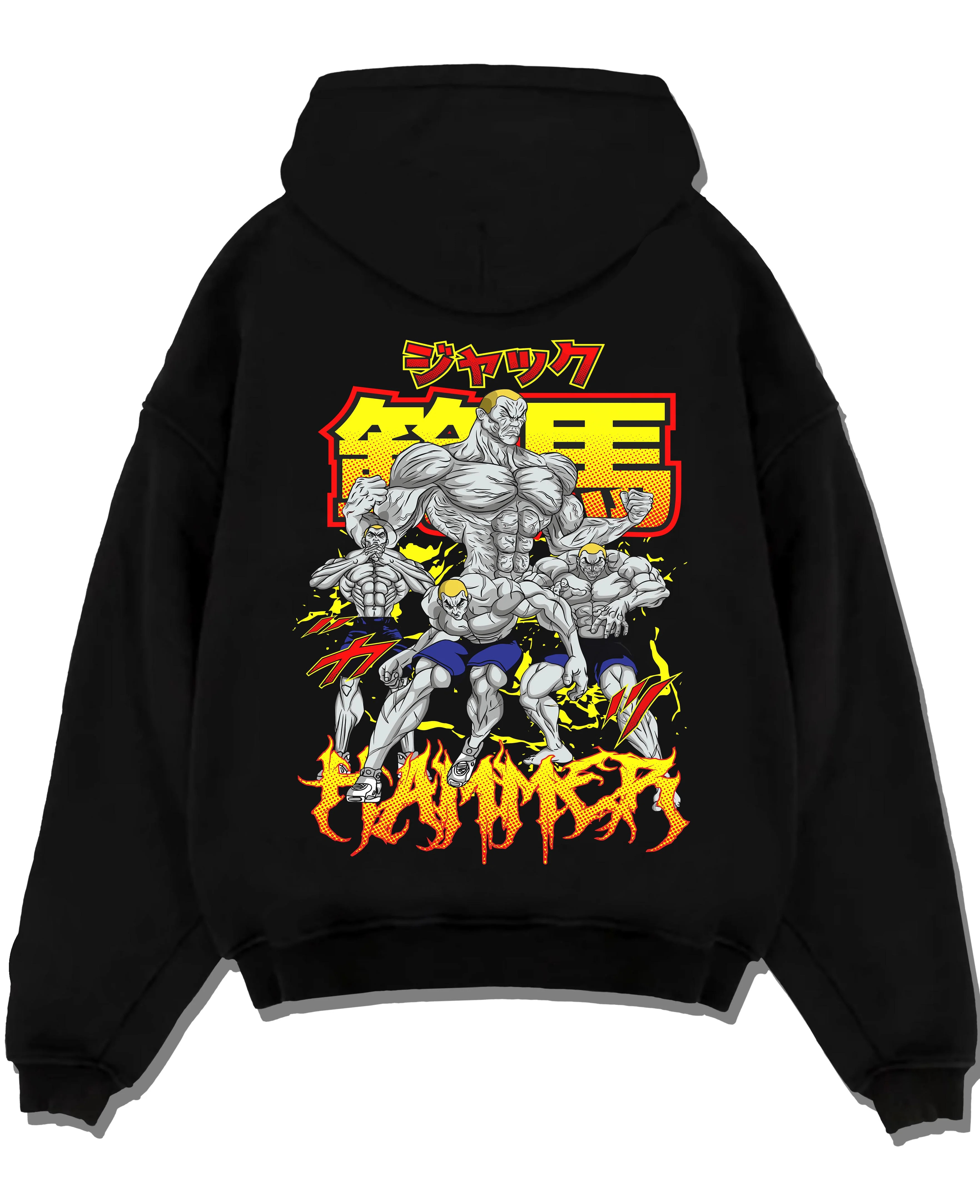 Black pullover hoodie laid flat with Baki Hoodie Hanma Baki Fierce Fighting Spirit Jumper graphic Baki anime graphic.