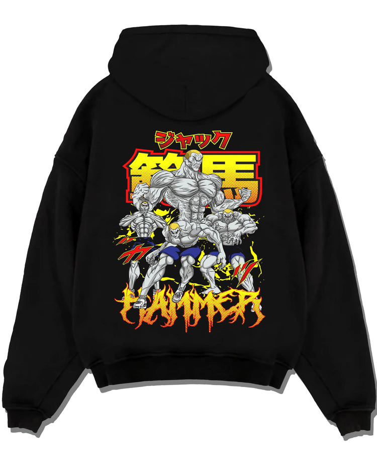 Black pullover hoodie laid flat with Baki Hoodie Hanma Baki Fierce Fighting Spirit Jumper graphic Baki anime graphic.