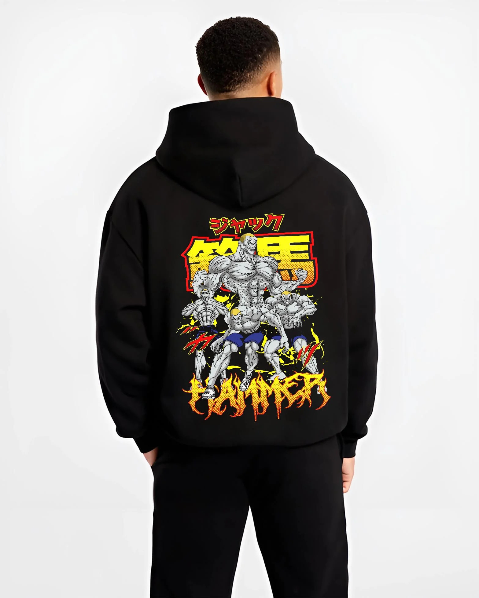Black hoodie worn by male model, back view with Baki Hoodie Hanma Baki Fierce Fighting Spirit Jumper graphic premium wear.