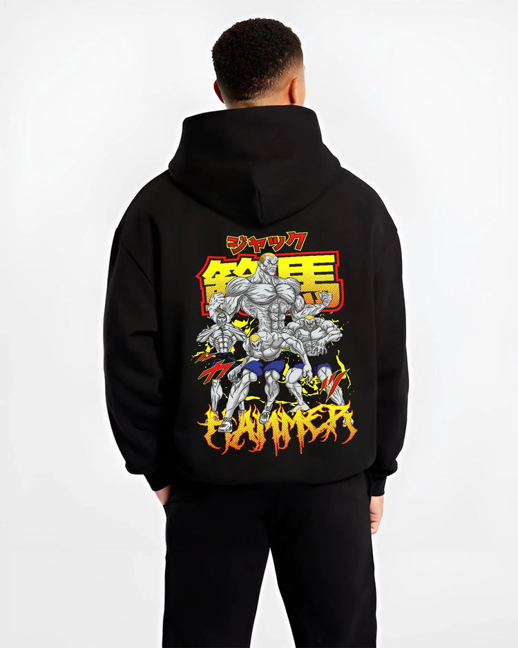 Black hoodie worn by male model, back view with Baki Hoodie Hanma Baki Fierce Fighting Spirit Jumper graphic premium wear.