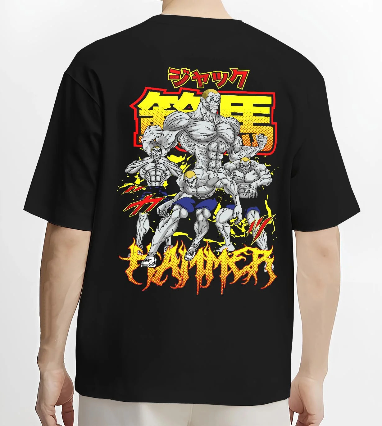 Black T-shirt worn by male model, back view with Baki Hoodie Hanma Baki Fierce Fighting Spirit Jumper graphic premium wear.