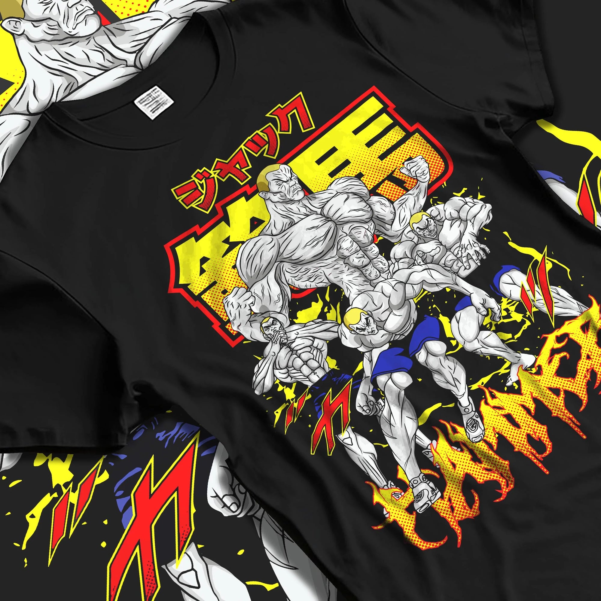 Black T-shirt laid flat with natural folds with Baki Hoodie Hanma Baki Fierce Fighting Spirit Jumper graphic Baki anime graphic.