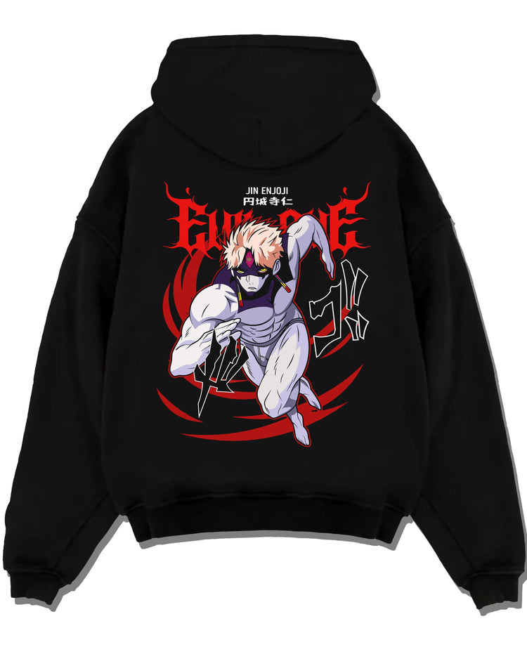 Black pullover hoodie laid flat with Baki Hoodie Hanayama Kaoru Brutal Fighter Jumper graphic streetwear graphic.