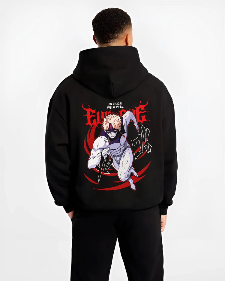 Black hoodie worn by male model, back view with Baki Hoodie Hanayama Kaoru Brutal Fighter Jumper graphic bold anime graphic.