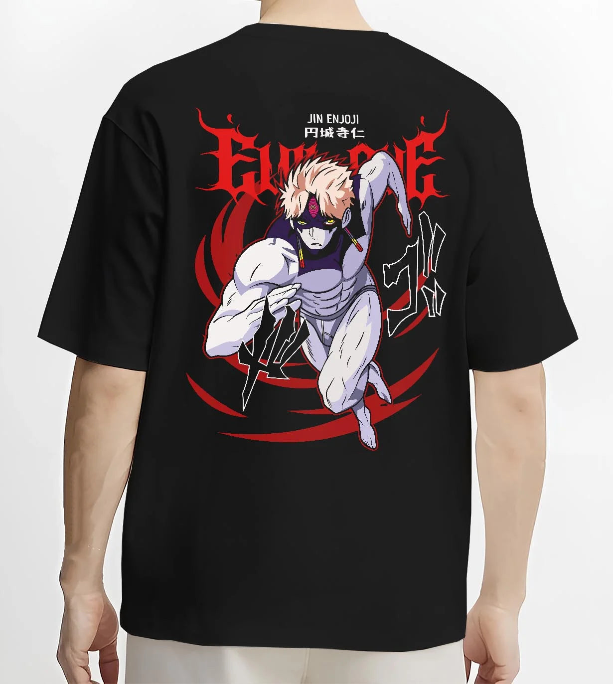 Black T-shirt worn by male model, back view with Baki Hoodie Hanayama Kaoru Brutal Fighter Jumper graphic bold anime graphic.