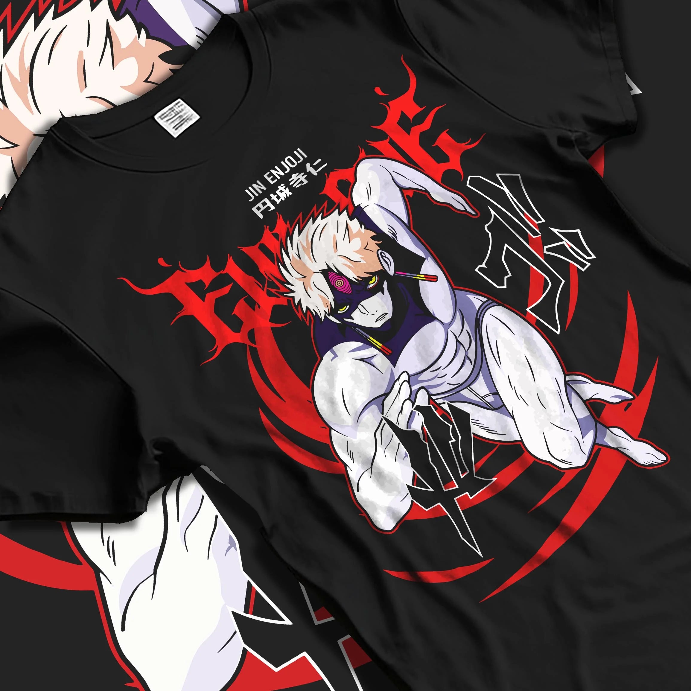 Black T-shirt laid flat with natural folds with Baki Hoodie Hanayama Kaoru Brutal Fighter Jumper graphic streetwear graphic.