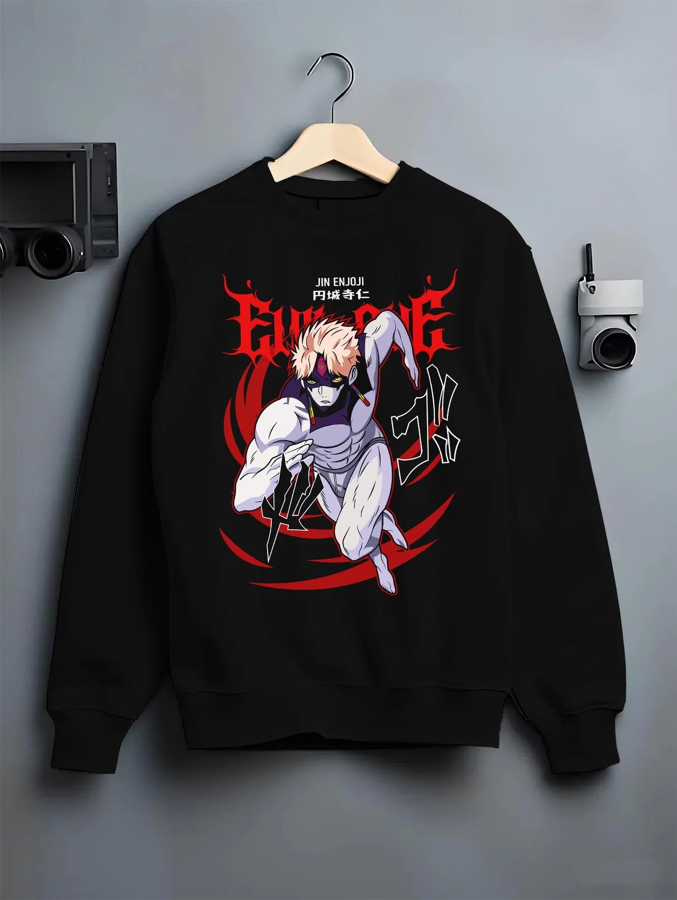 Black crewneck sweatshirt on hanger with Baki Hoodie Hanayama Kaoru Brutal Fighter Jumper graphic Baki anime graphic.
