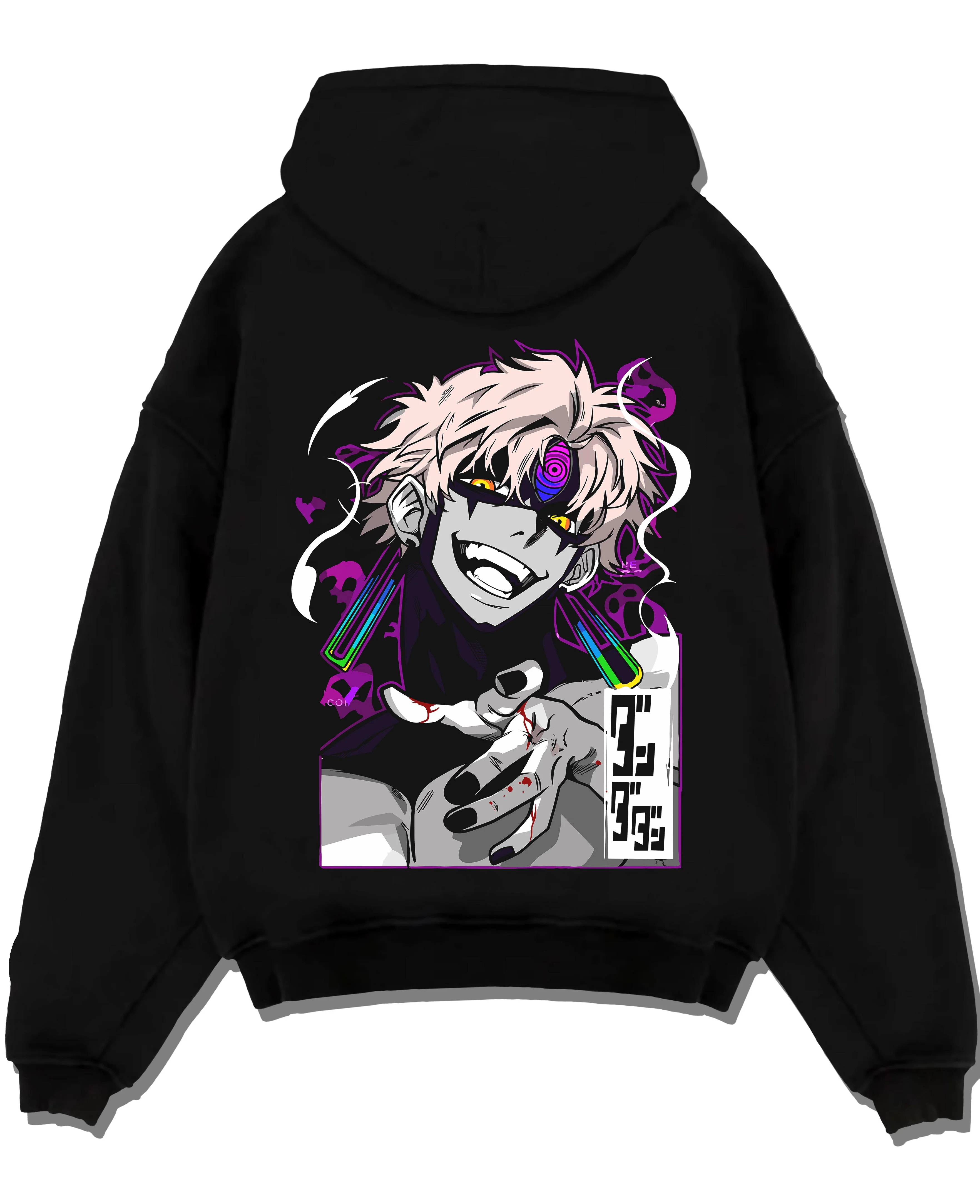 Black pullover hoodie laid flat with Jujutsu Kaisen Hoodie Sukuna Malevolent Shrine Jumper graphic Sukuna anime design.