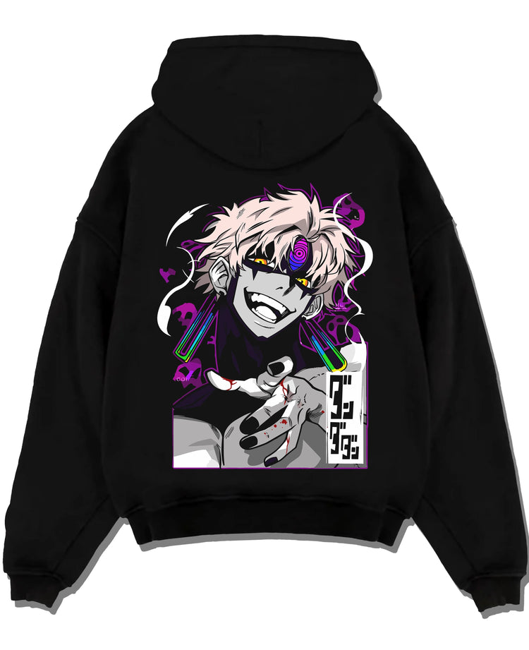 Black pullover hoodie laid flat with Jujutsu Kaisen Hoodie Sukuna Malevolent Shrine Jumper graphic Sukuna anime design.
