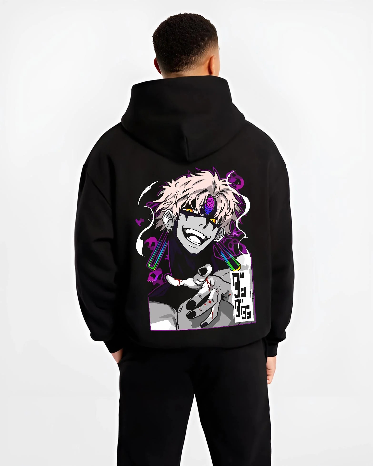 Black hoodie worn by male model, back view with Jujutsu Kaisen Hoodie Sukuna Malevolent Shrine Jumper graphic streetwear graphic.