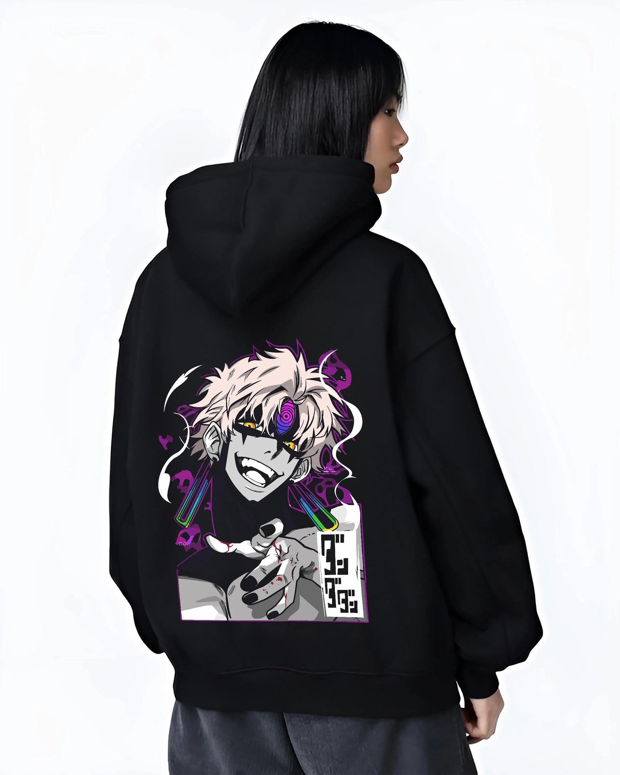 Black hoodie worn by female model, back view with Jujutsu Kaisen Hoodie Sukuna Malevolent Shrine Jumper graphic bold anime graphic.