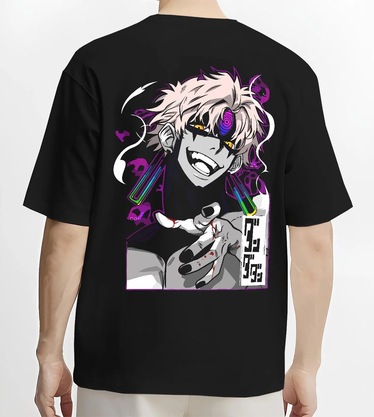 Black T-shirt worn by male model, back view with Jujutsu Kaisen Hoodie Sukuna Malevolent Shrine Jumper graphic premium wear.