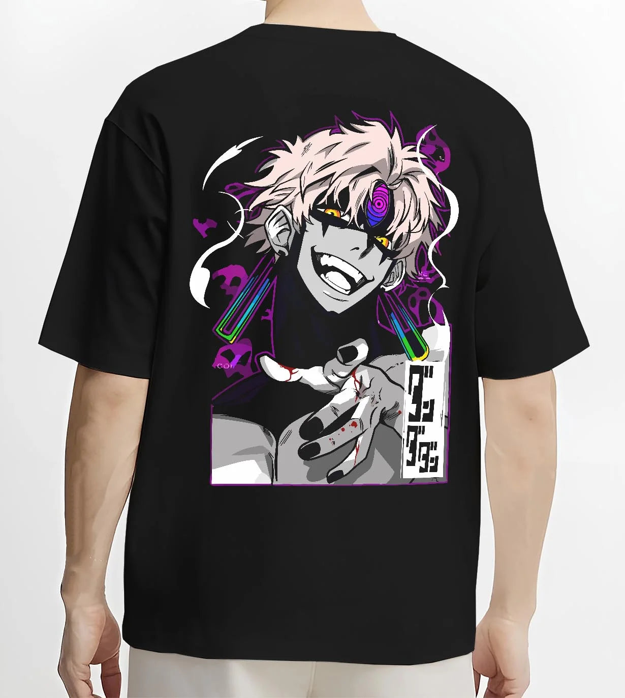 Black T-shirt worn by male model, back view with Jujutsu Kaisen Hoodie Sukuna Malevolent Shrine Jumper graphic premium wear.