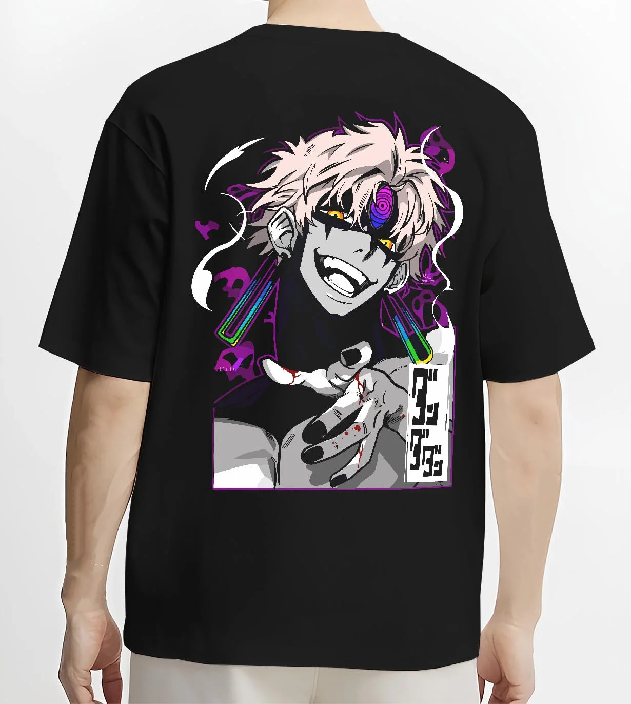 Black T-shirt worn by male model, back view with Jujutsu Kaisen Hoodie Sukuna Malevolent Shrine Jumper graphic premium wear.