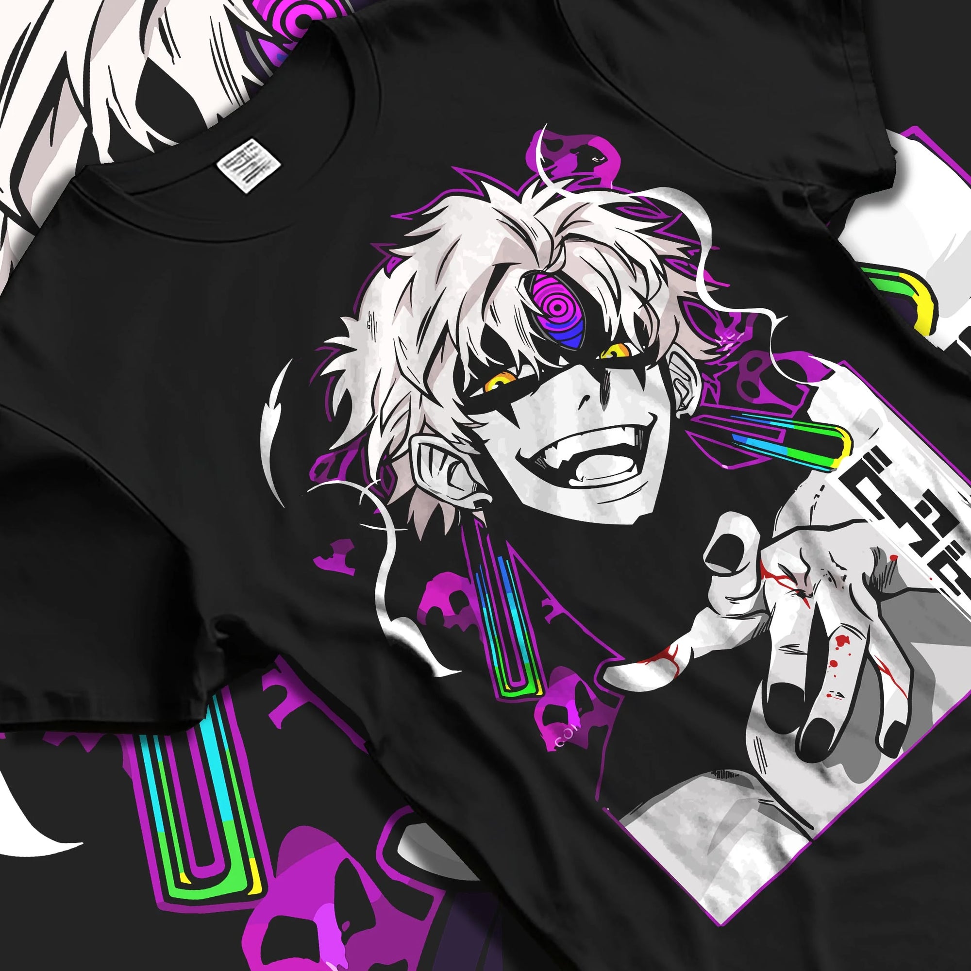 Black T-shirt laid flat with natural folds with Jujutsu Kaisen Hoodie Sukuna Malevolent Shrine Jumper graphic premium wear.