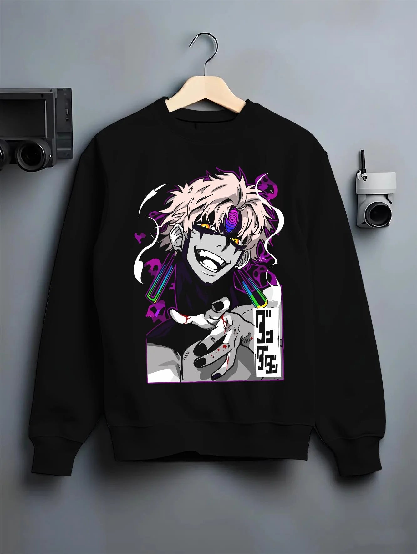 Black crewneck sweatshirt on hanger with Jujutsu Kaisen Hoodie Sukuna Malevolent Shrine Jumper graphic bold anime graphic.