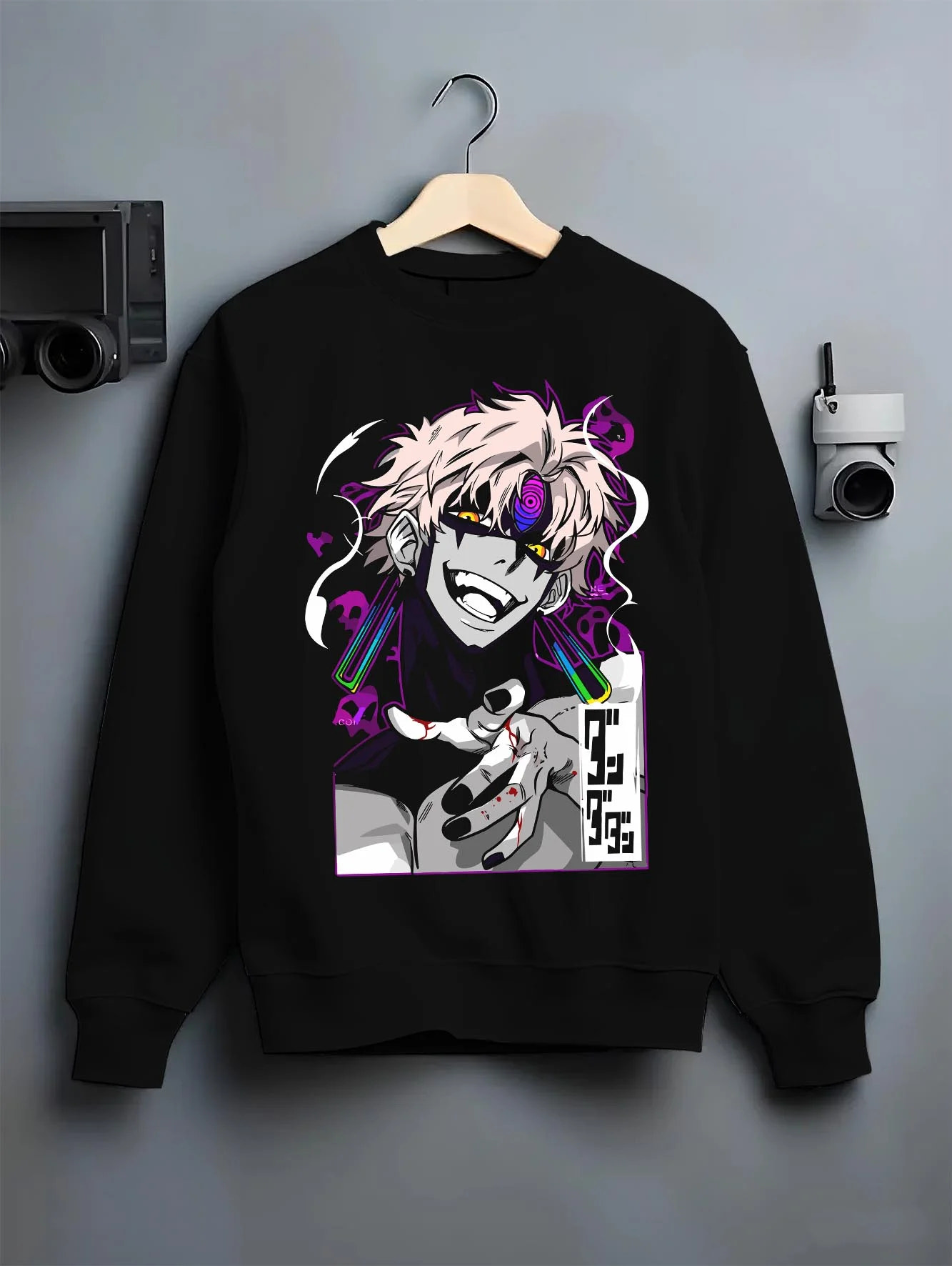 Black crewneck sweatshirt on hanger with Jujutsu Kaisen Hoodie Sukuna Malevolent Shrine Jumper graphic bold anime graphic.