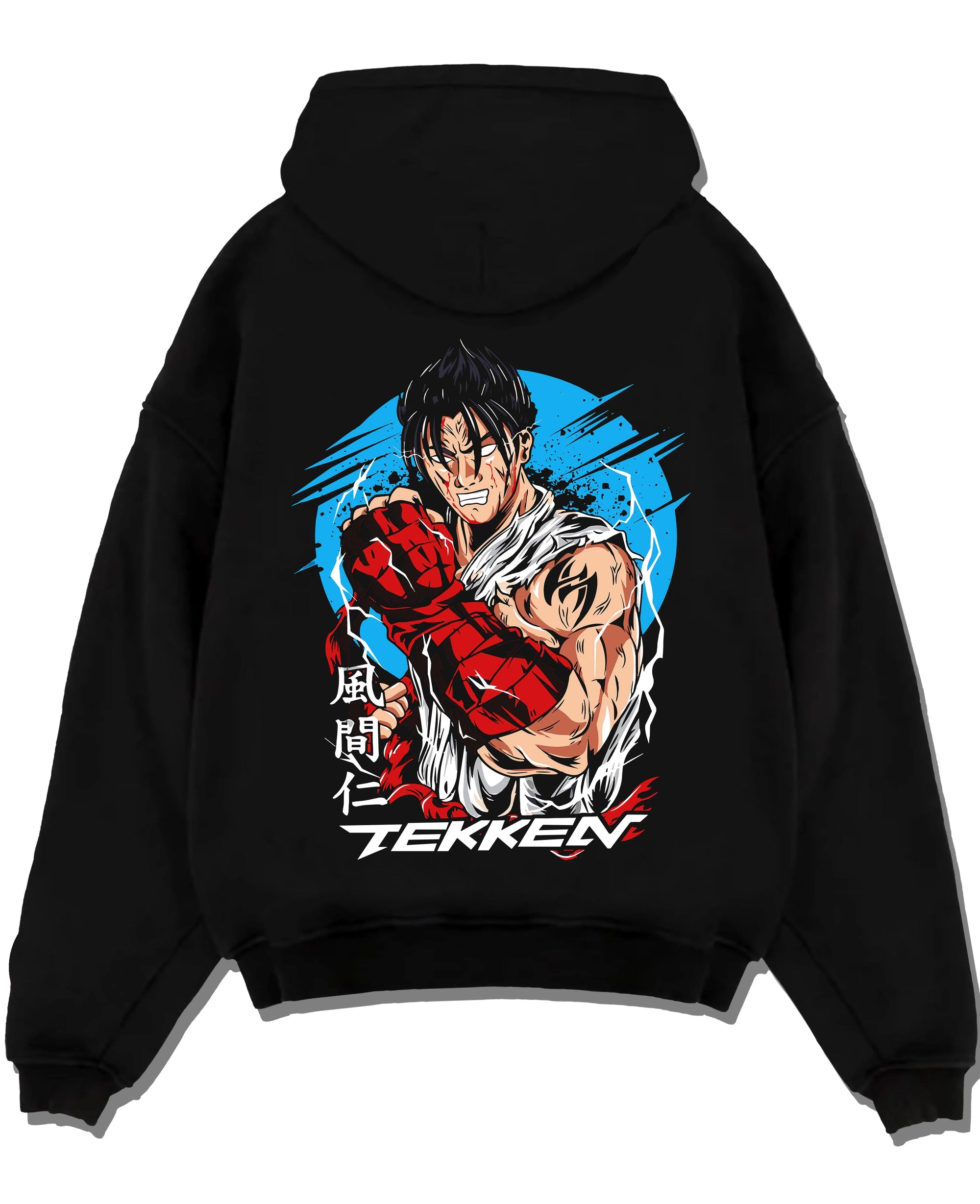 Black pullover hoodie laid flat with Tekken Hoodie Jin Kazama Iron Fist Champion Jumper graphic bold anime graphic.