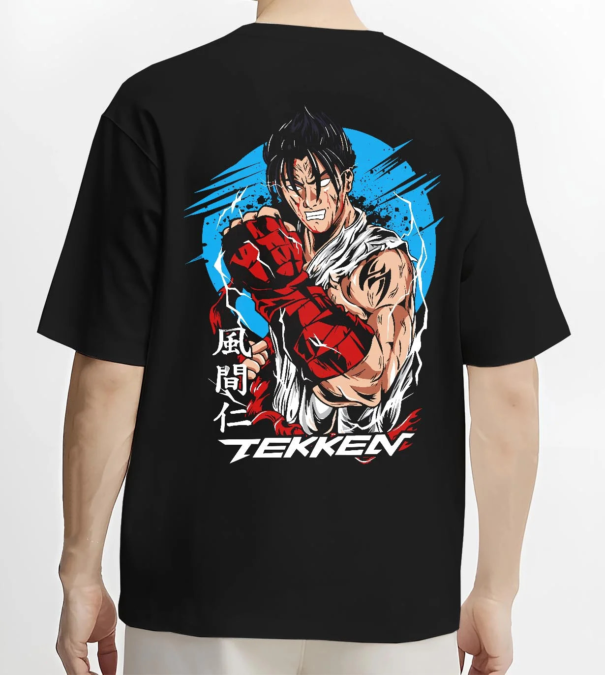Black T-shirt worn by male model, back view with Tekken Hoodie Jin Kazama Iron Fist Champion Jumper graphic streetwear graphic.